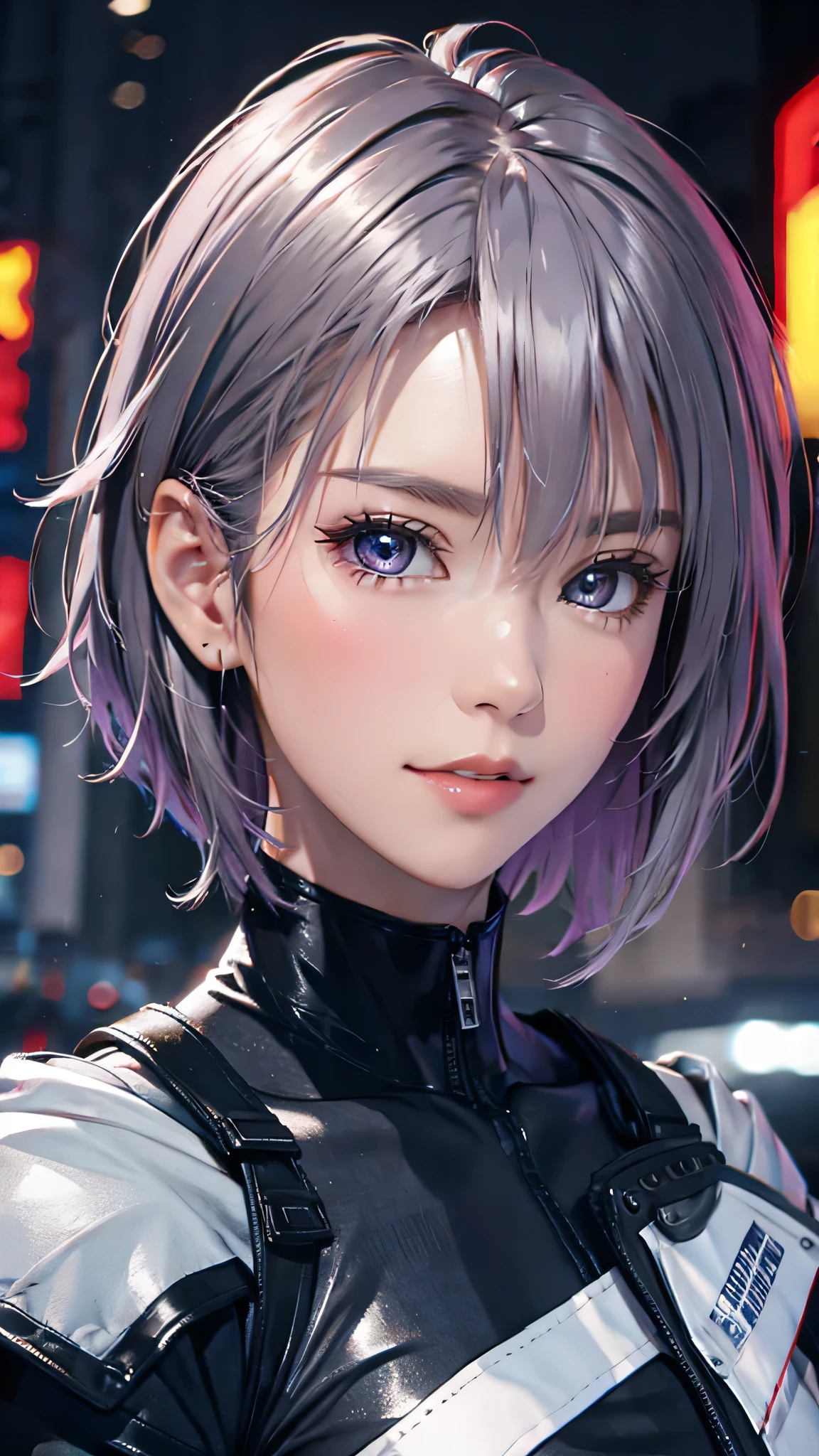 (8k, photorealistic, RAW photos , top quality: 1.4), ( 1 girl), super beautiful, ( realistic face), ( boyish , silver-colored berry shorthair), Beautiful Cyberpunk Suit , gaze that tempts viewers, beautiful expression , Beautiful breasts, (realistic skin), beautiful smile, (soldier), attractive, Super high resolution, super real , high definition , pampered