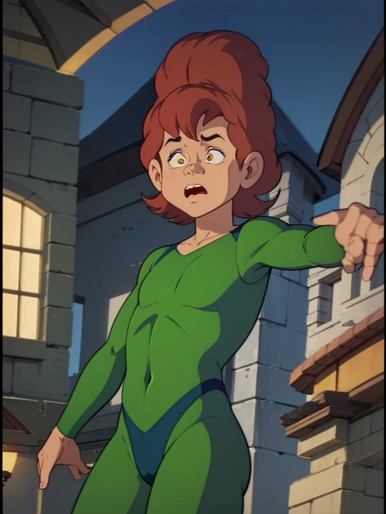 a redhead cartoon character dressed in a green leotard, very muscular, a young male wizard, 1980s cartoon, animated episode still, Presto (((mad)))