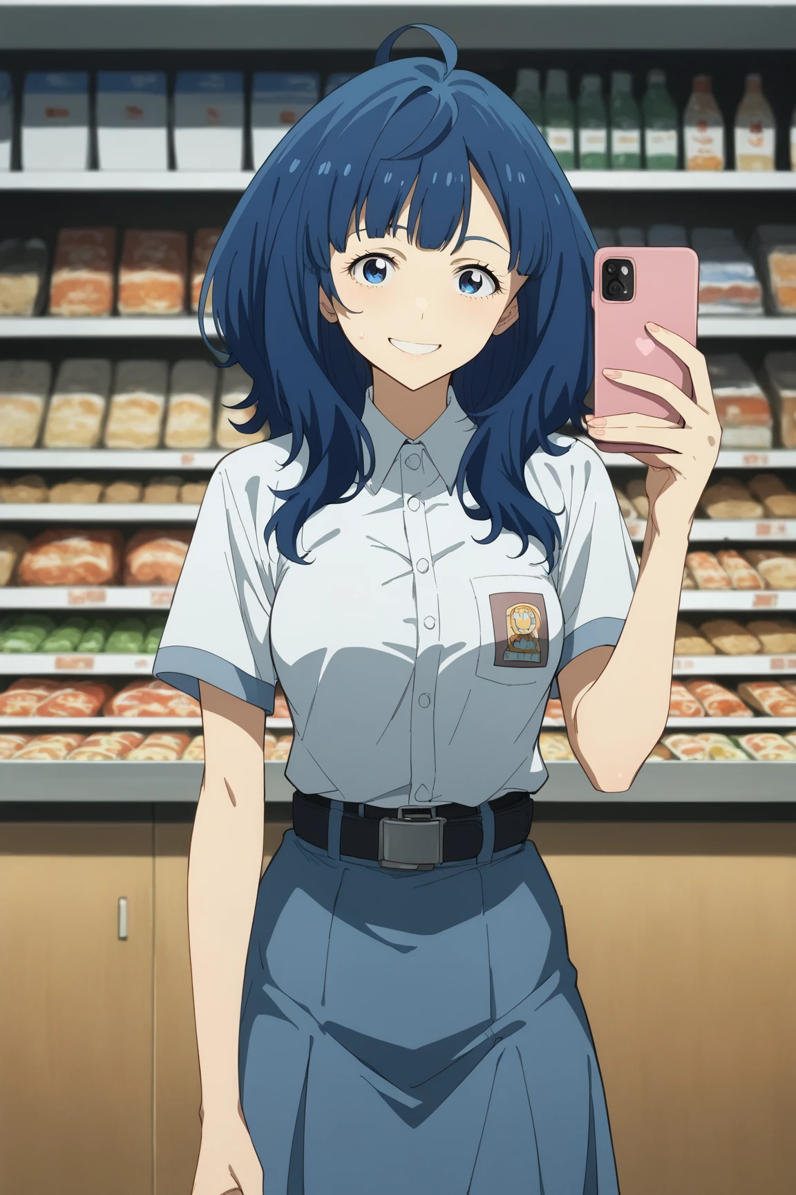 score_9, score_8_up, score_7_up, source_anime, anna yanami, medium hair, blue eyes, ahoge, blue hair, medium breasts, sma shirt, sma belt, sma skirt,, in front of a grocery store, smartphone, taking selfie, cold morning, smile, looking at viewer, standing,, solo,, cowboy shot, side angle