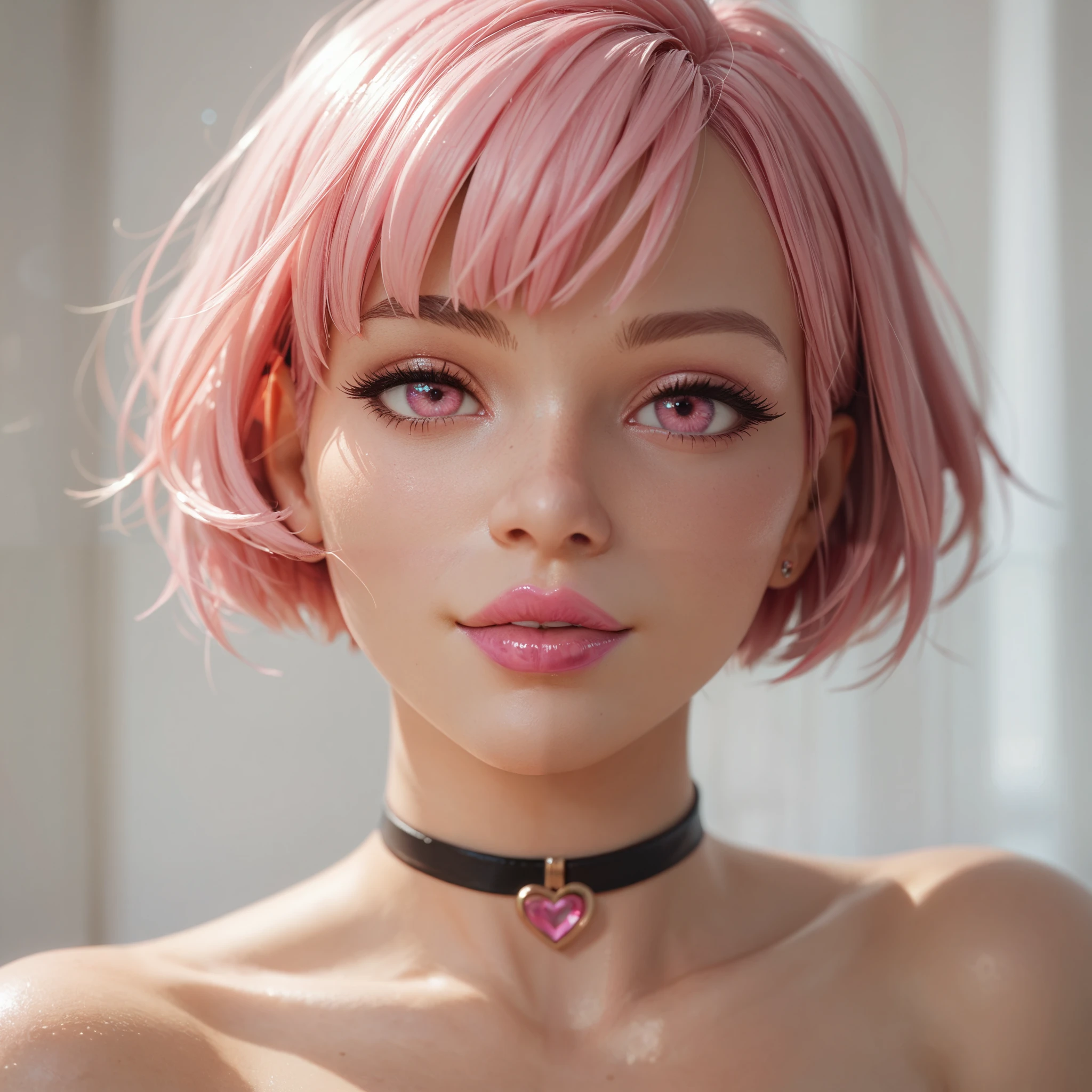 female, curvy, thick, sexy, lovely, short cut pink hair, pink eyes, pink lipstick, pleased, chocker, naked, head shot, head, close up