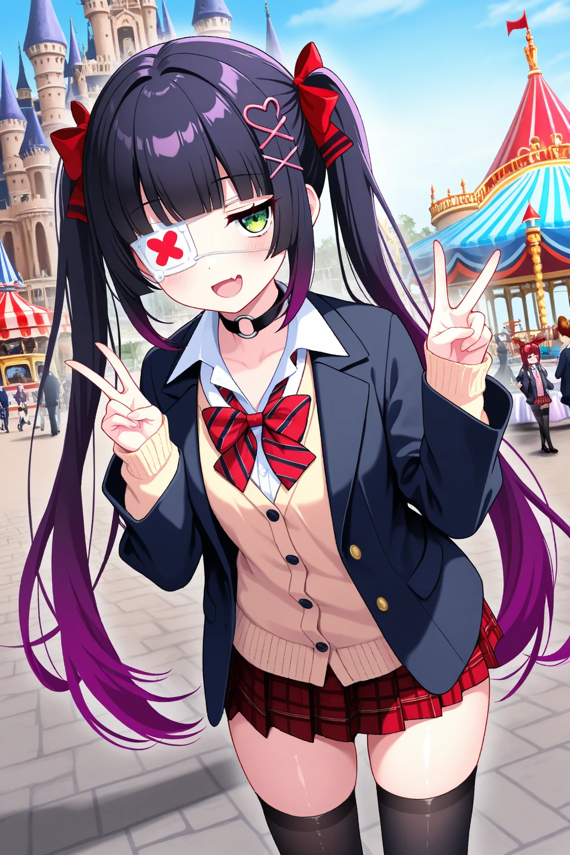 1 girl, clear skin, shiny hair,(Twin tails),Black Hair,purple hair,gradient hair,Very long hair,hime cut,skin fang,jitome,green eye,o-ring choker,x hair ornament,heart hair ornament,medical eyepatch,BREAK
red bow,diagonal-striped bow,blazer,open blazer,(cardigan:1.2),plaid skirt,black thighhighs,smile,blush,v,open mouth,
disneyland,amusement park,shinderera castle,high res image,masterpiece, best quality, highly detailed