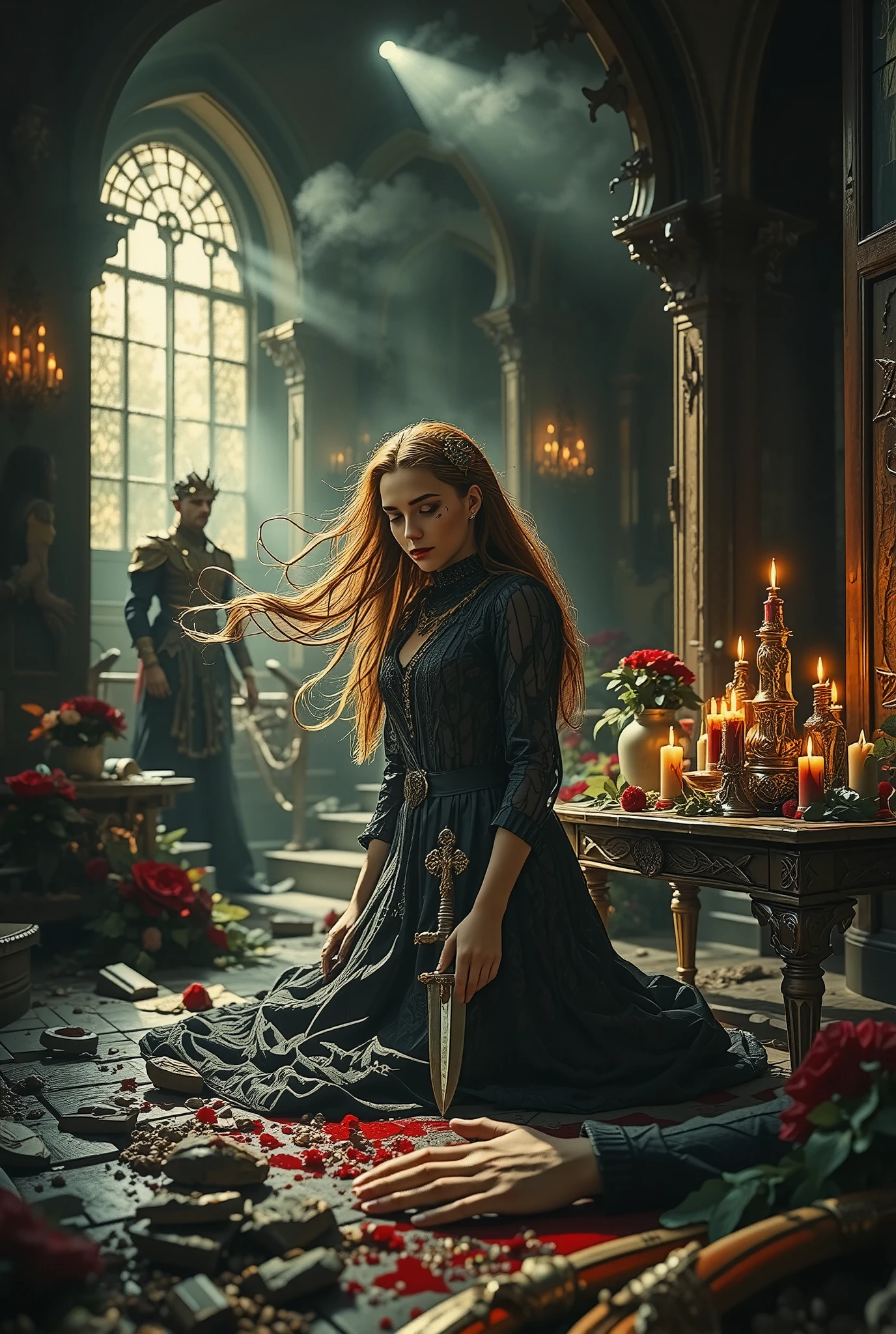 illustration, best quality, highly detailed, dramatic contrast, 1girl, 1boy, sister holding a silver knife ("Ark"), standing over her fallen brother, sorrowful expression, flowing long hair, bloodstained floor, dark gothic architecture, glowing candles, shattered relics, moonlight streaming through cracked windows, ethereal mist, atmosphere of tragedy and betrayal, divine and ominous duality
