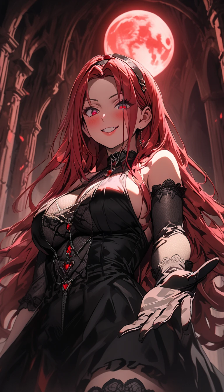 a mature woman with vampire teeth, provocative expression, ((rosy cheeks)), (looking viewer), red eyes and black pupil, long red hair, straight hair, gothic hairband, sexy body, exposed shoulders and ample bust, big breasts, black lace thigh-high socks, lace long gloves, red and black gothic dress, beckoning, reaching towards viewer,  red full moon and dark castle at night, (mystical atmosphere), backlit, red highlight, cool toned color palette, high chroma, (view from below : 1.3), best quality