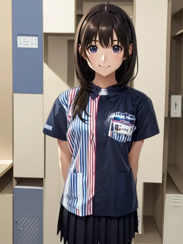 anegasaki nene ,  ((( highres icon official art))) , (((Anime Pinups))) , (((1girl))) , (((alone))) , (((a little lighter brown hair))) ,(((name holder))),  best quality,  highres icon,  lawson uniform, big breasts, employee uniform, shirt, Name tag, short sleeves, striped shirt, striped, vertical-striped shirt, blue shirt, vertical stripes, alternate costume  , (((locker room)))