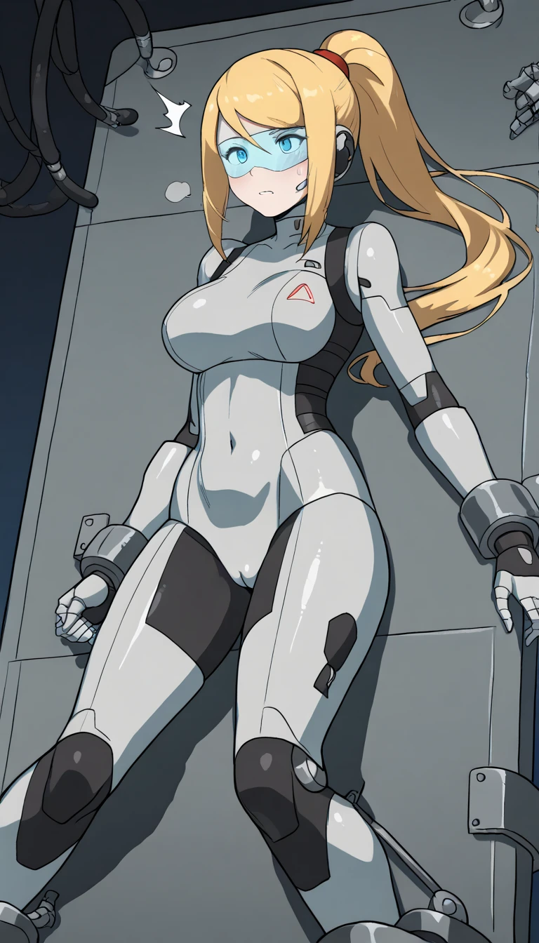 masterpiece, best quality, extremely detailed, (8K, 4K, Best Quality, hight resolution, 超A high resolution:1.1), ,8k portrait, Japaese android Girl,Plump , dark black leg cover,announcer,control panels,android,Droid,Mechanical Hand, Robot arms and legs, Black Robot Parts,yellow ponytail,Mechanical body,Blunt bangs,perfect mechanical abdomen,blue robotics parts,perfect robot woman,future laboratory,cyber pank,charging spot,laboratory,long tube,thick cable connected her neck,blue ceramic body ,perfect mechanical body, blue robot body,lod antenna,mechanical ear cover,android,robot humanoid,black sponge joints,The removable cover is in the groin,The connection port is in the groin,opened chest panel,access panel on the chest,opened breast panel,perfect mechanical breast,perfect black machine body,perfect black android body,She has repaired,assembly plant,no human skin,visor,mistyrobot,samus aran,dress,malfunction,robot joint,doll joint,robotization,tight bodysuit,lying,surgery table,spark,restrained,pussy,restrained legs,partial robotic