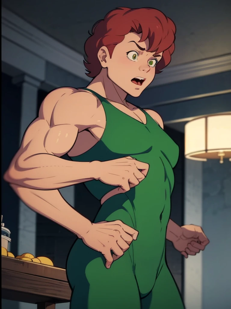 a redhead cartoon character dressed in a green leotard, very muscular, a 14-year-old male wizard, 1980s cartoon, animated episode still, Presto (((mad)))