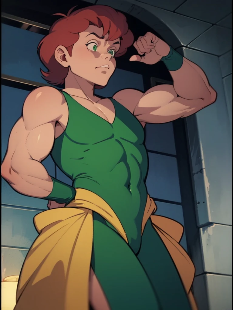 a redhead cartoon character dressed in a green leotard, very muscular, a 14-year-old male wizard, 1980s cartoon, animated episode still, Presto (((mad)))