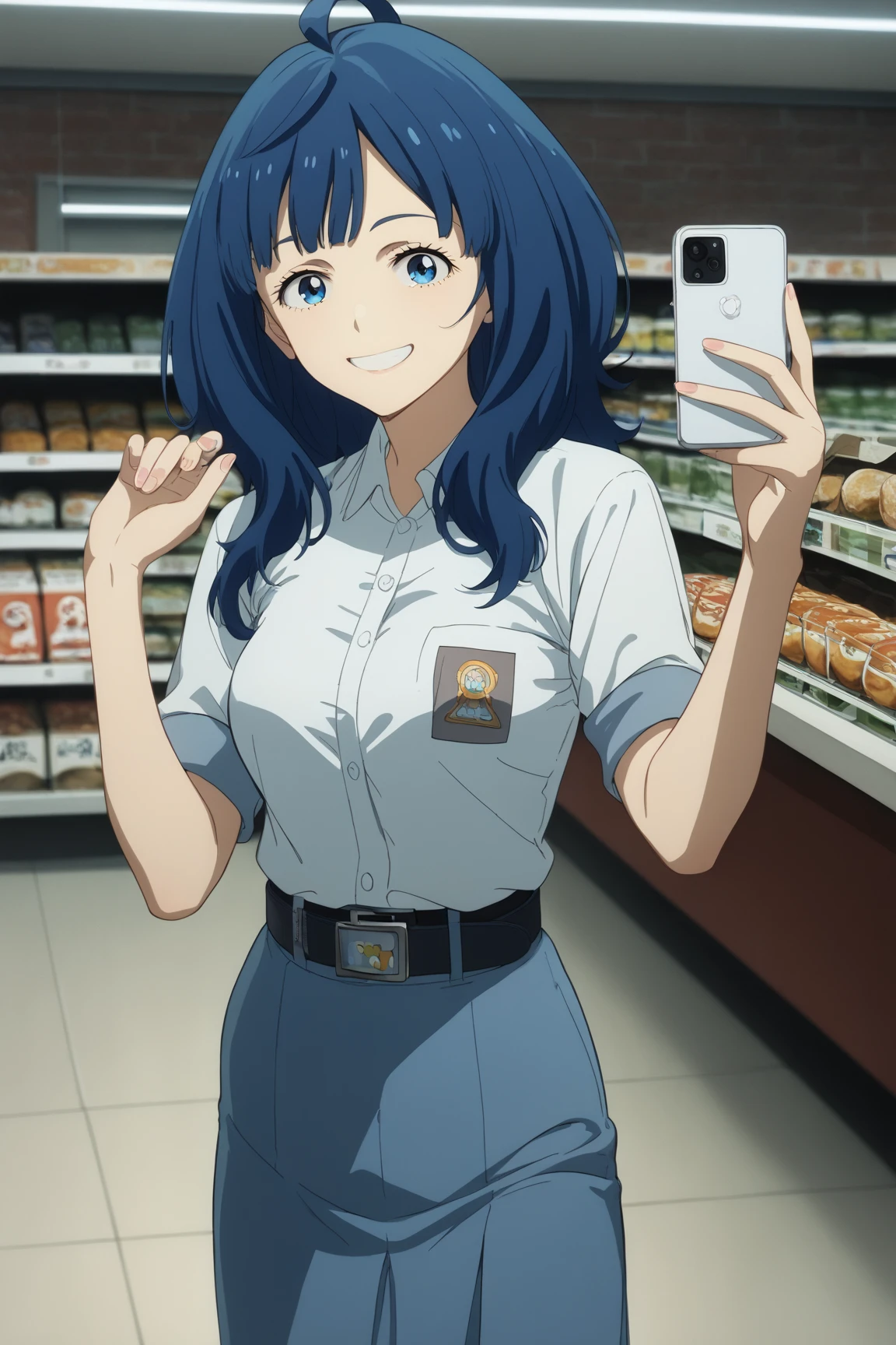 score_9, score_8_up, score_7_up, source_anime, anna yanami, medium hair, blue eyes, ahoge, blue hair, medium breasts, sma shirt, sleeves rolled up, sma belt, sma skirt,, in front of a grocery store, smartphone, taking selfie, cold morning, smile, looking at viewer, standing,, solo,, cowboy shot, side angle