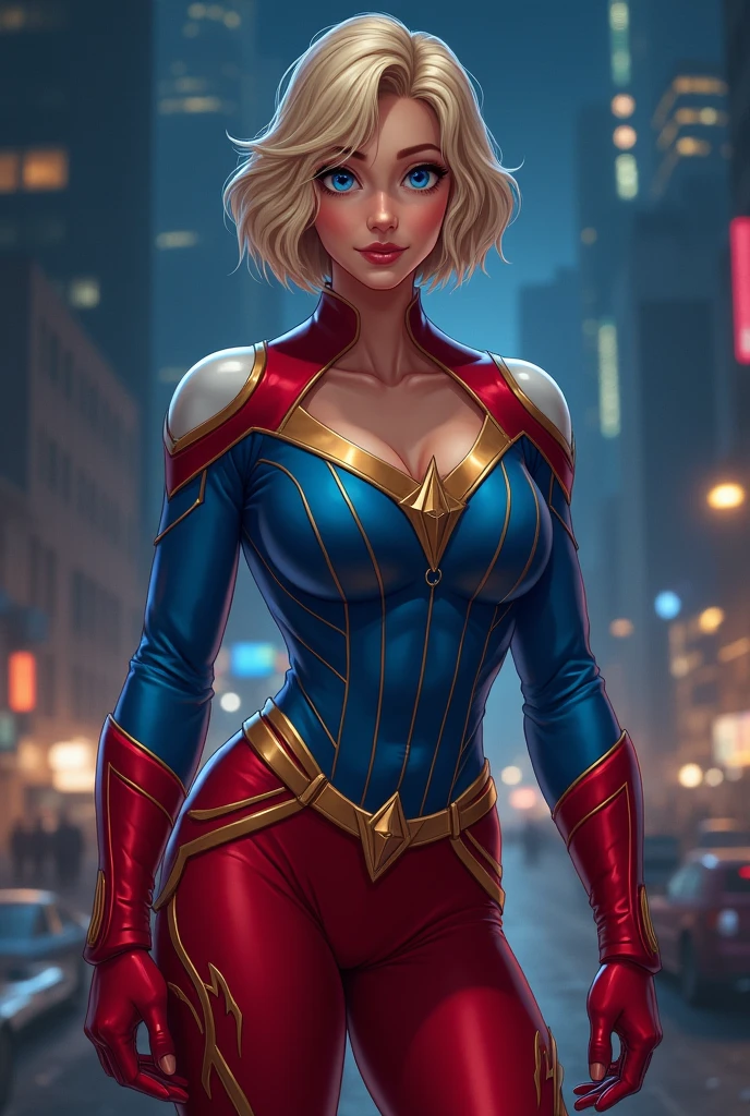 Young female, blonde with short hair, blue eyes, wearing a blue latex heroine outfit, wearing a golden shoulder pad, wearing a red cape, smiling, , defined breasts