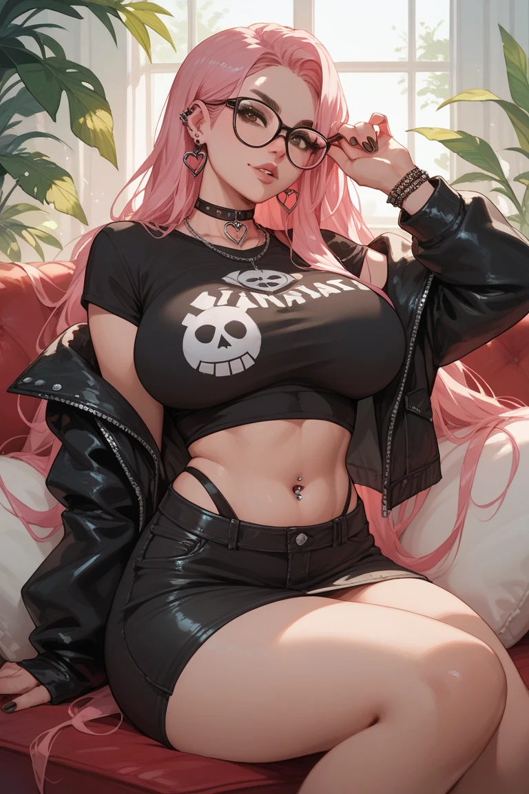 Curvy, glasses, sexy, large breasts, light pink long hair, BROWN EYES, emo style