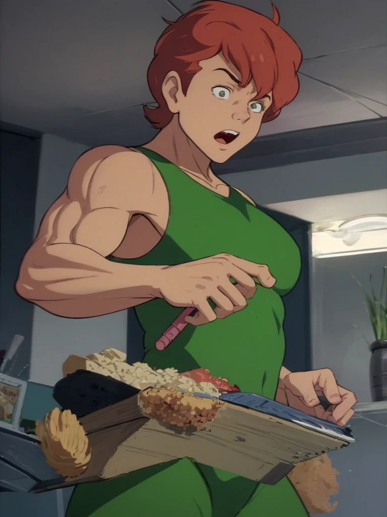 a redhead cartoon character dressed in a green leotard, very muscular, a 14-year-old male wizard, 1980s cartoon, animated episode still, Presto (((mad)))