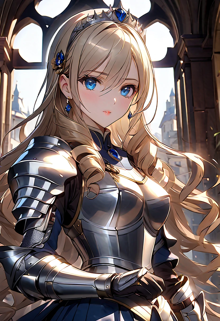 ((masterpiece)),  top quality ,  very detailed,( one girl), Knight Princess , Celia Aintree long hair,  blondes,  drill hair,  hair band ,  hair accessories, Blue Eyes, High gradation eyes,  hair tube,  dress, Dark Blue,  dress,  gloves, [Bare shoulders,  jewelry,  clevis on a stone,  princess, elbow  gloves, tiara ,brooch,white  gloves、 adult female 、thin、 very beautiful、 beautiful faces、(((Blue and silver armor、breastplate、 gauntlet、Shin guards、 shiny armor:1.2)))、 gold earrings、Golden Hair, Blue Eyes,  pink lips,  cowboy shot 