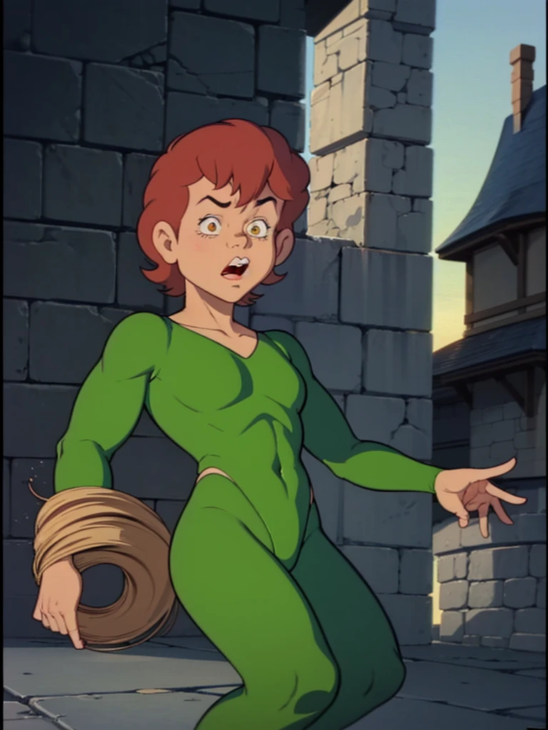 a redhead cartoon character dressed in a green leotard, very muscular, a young male wizard, 1980s cartoon, animated episode still, Presto (((mad)))