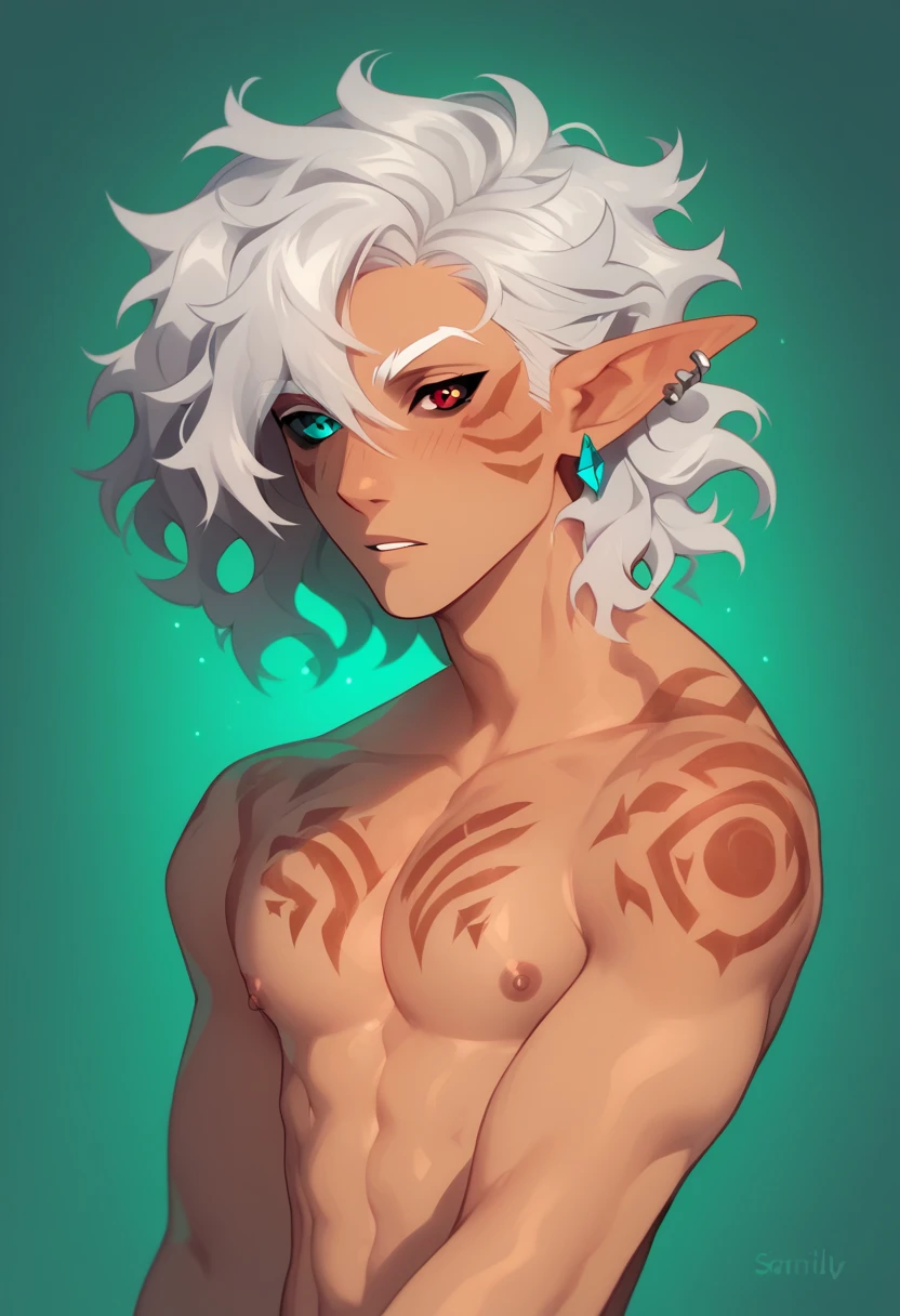 Solo, Male , fit teen, tanned. Heterochromia, red eye, teal eye, messy hair, unruly hair, wavy hair, pointy ears,  silver hair with green gradient at the tips,  shonen, single earring, tall, symmetric body marks, magic marks, black sclera, white eyelashes , medium hair, shonen, calm expression, single earring