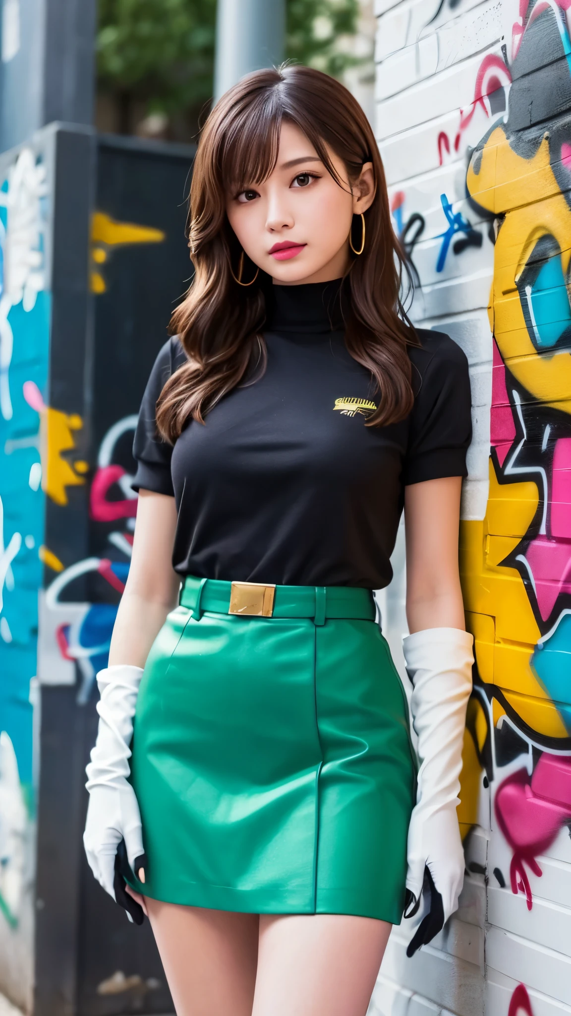 前hair, brown_hair, length_hair, red eyes,lipstick,compensate,
break black gloves, gloves, skirt , dress, green dress, Short sleeve, puffy sleeves, Juliet Sleeves, short skirt , green skirt ,Murrue Ramius、超ミニ skirt 、ミニ skirt 、すごく短いミニ skirt 、
break ( graffiti:1.5), splash purple lightning pattern showing the viewer from the front, Arms behind back, Against the wall, View the viewer from the front, ,
break outdoors,
break (masterpiece:1.2), top quality , high res, unity 8k wallpaper, ( illustration:0.8), (beautiful detailed eyes:1.6), Extremely Detailed Faces, perfect lighting, Highly detailed CG, (perfect hand, Perfect Anatomy),