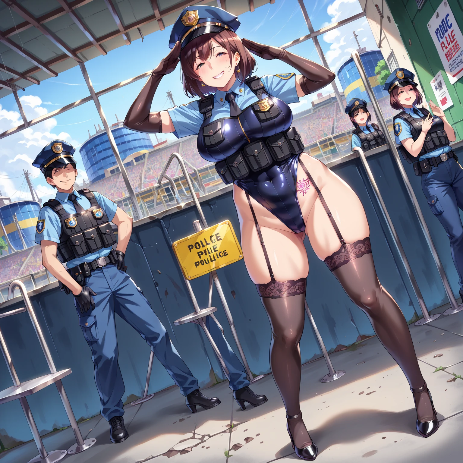 (negative_v2 Color_Balance_Calibration:0.8), (best quality, masterpiece, very detailed), (Police Station), (policewoman), (Lewd Tattoo:1.2), (salute), whole body, Illustration, Dutch angle, 
AND 
(1Mature Woman:1.5), blown short hair, (Bulletproof vest:1.2), (blue leotard:1.3), (Garter Stockings), (Long gloves), High Heels, standing, Wicked Smile, Condescending smile, 
AND 
(1Girl:1.5), black long hair, (Bulletproof vest:1.2), (navy leotard:1.3), (Garter Stockings), (Long gloves), High Heels, standing, Wicked Smile, Condescending smile, 