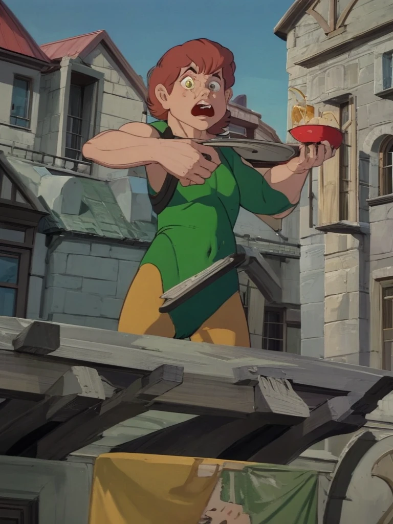 a redhead cartoon character dressed in a green leotard, very muscular, a young male wizard, 1980s cartoon, animated episode still, Presto (((mad)))