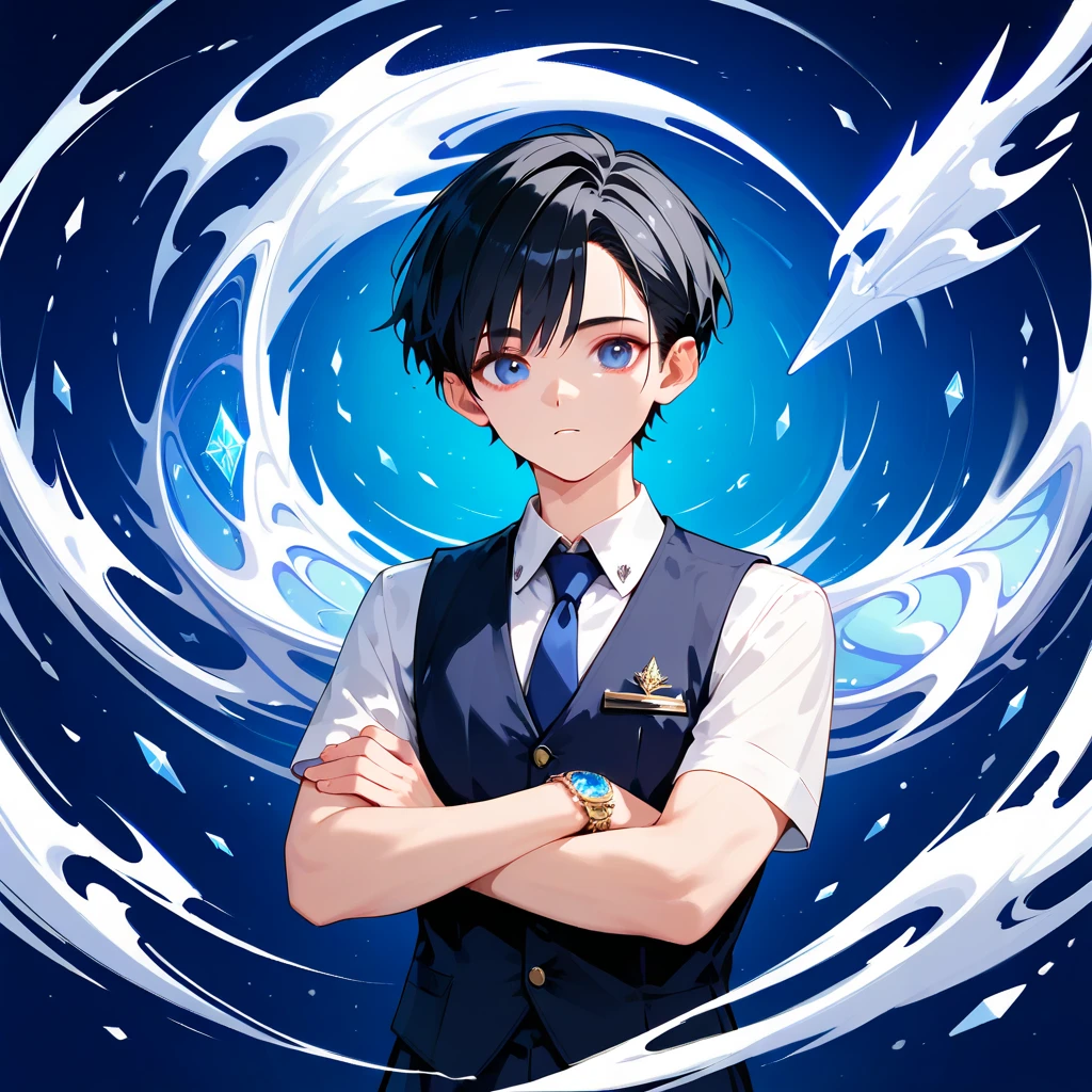 score_9,score_8_up,score_7_up,masterpiece,(1boy),19-years-old ,university student,BREAK Nagi-kun ,black hair,very short,(Forehead:0.8),dark blue eyes,(baby face:0.8),( melancholy expression:0.8),Petite,Slim BREAK navy vest,Short sleeve dress shirt, blue tie ,Silver Polaris Embroidered ,moonstone bangle,(((Alone)))