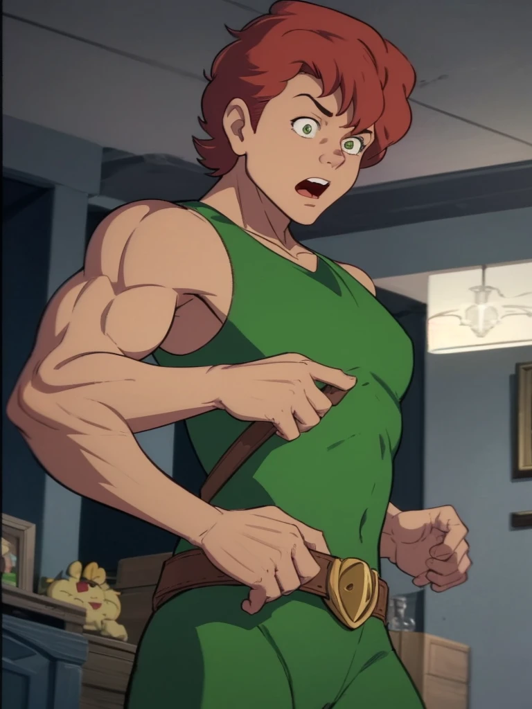 a redhead cartoon character dressed in a green leotard, very muscular, a 14-year-old male wizard, 1980s cartoon, animated episode still, Presto (((mad)))