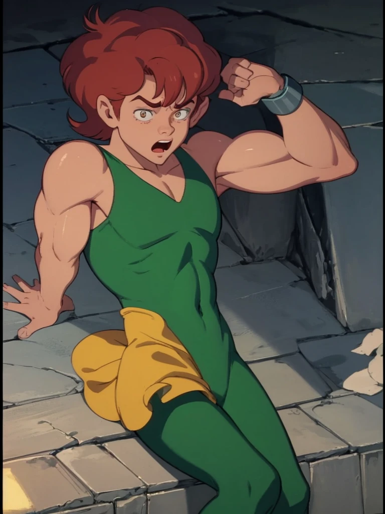 a redhead cartoon character dressed in a green leotard, very muscular, a 14-year-old male wizard, 1980s cartoon, animated episode still, Presto (((mad)))