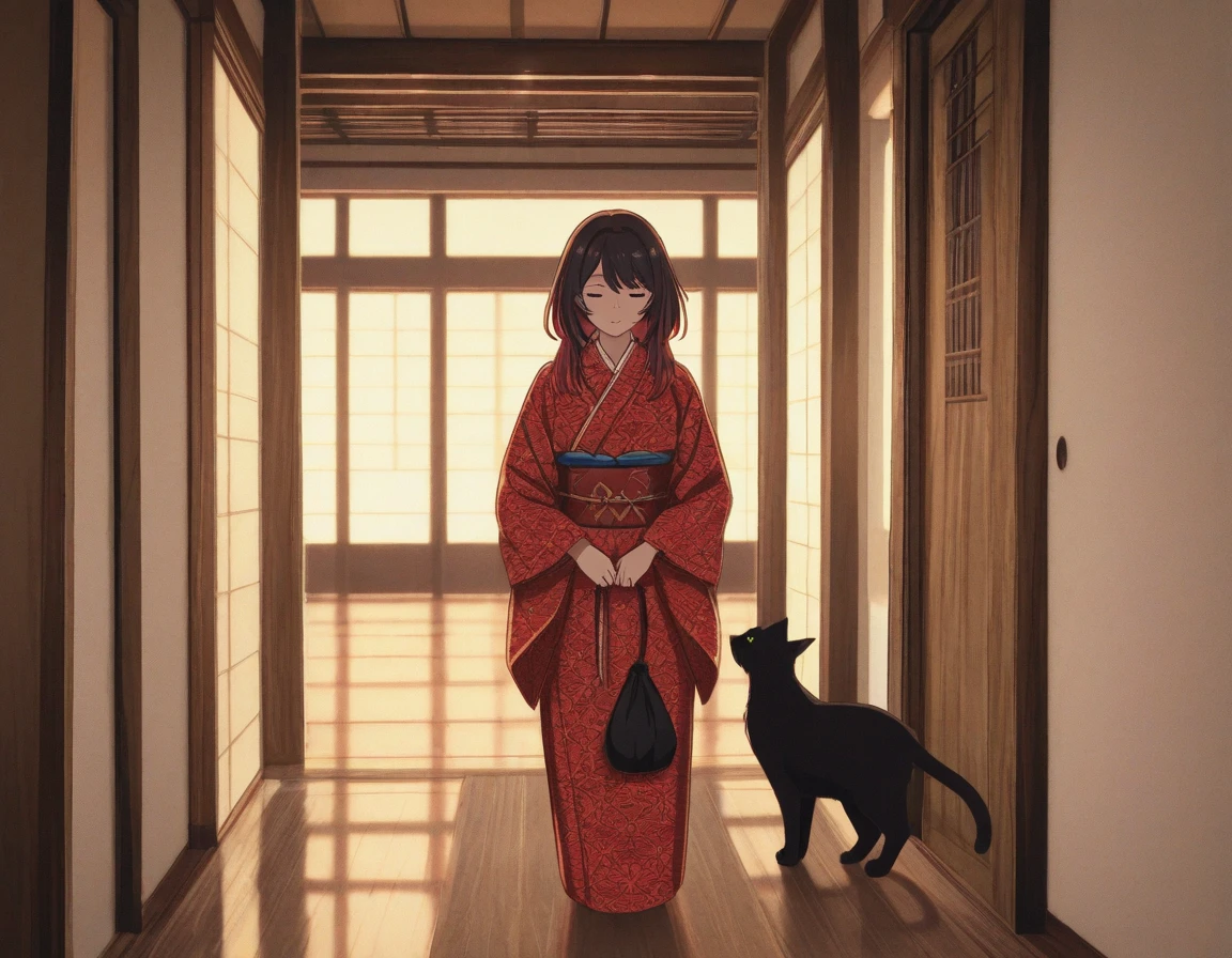 A woman in a traditional Japanese kimono, holding a black cat, standing in a room with Japanese architecture, a corridor facing a bright garden, beautiful detailed facial features, tranquil expression, 8K, detailed artwork, anime style, intricate kimono patterns, warm lighting, vibrant colors, cinematic composition, masterpiece