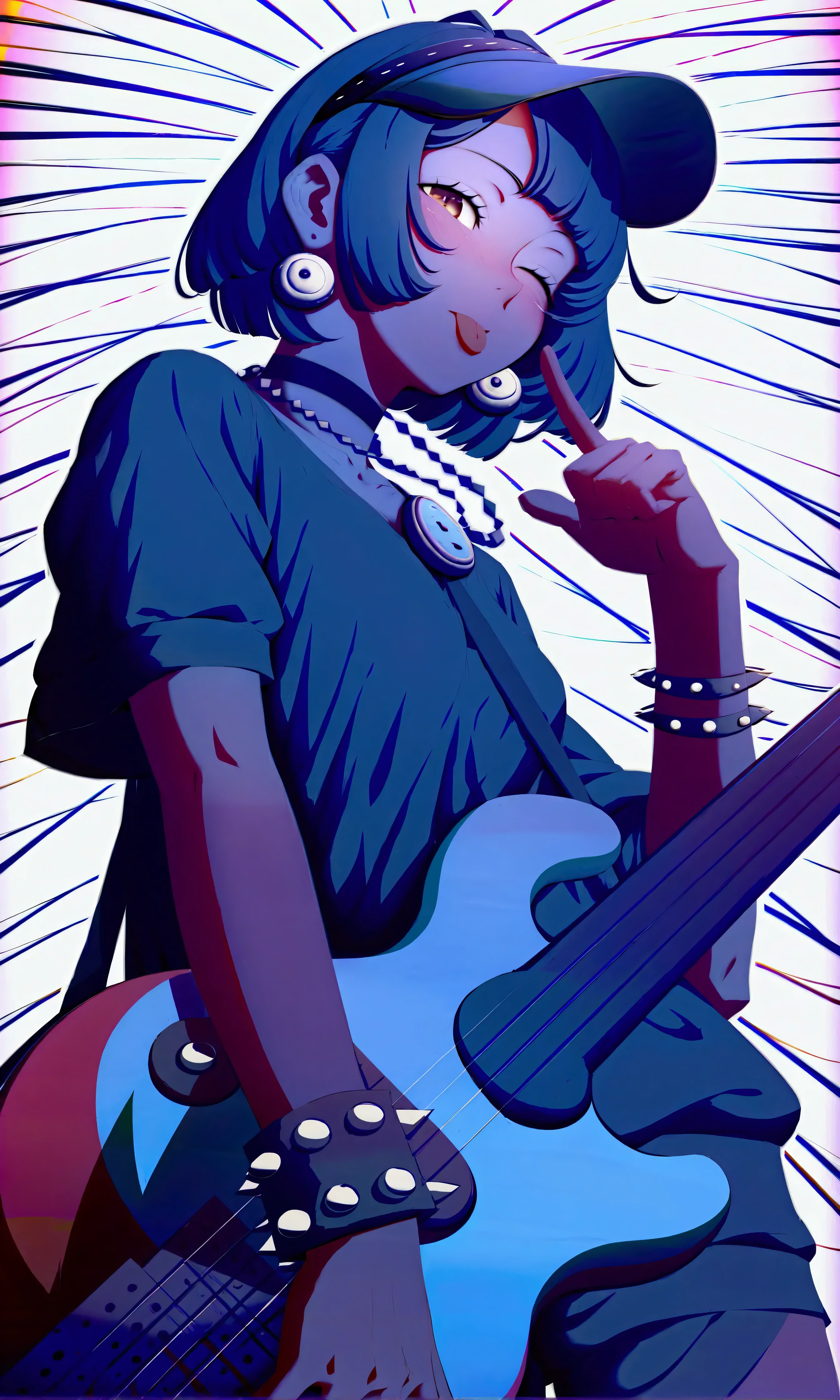  a close up of a person holding a guitar in his hands, with the index finger, bassist, anime vibes,  sleeveless sweatshirt clothing ,  colored drawing on his sweatshirt ,  the guitar has a strap that goes over his shoulder , camera from below,  blue hair in the wind , hat with visor ,  spiked bracelets and chains ,  cyan guitar ,  white background,  sunshine on his left side , Pincho collar, winking, sticking out his tongue, As a mockery gesture , Tsutomu Nihei Style, guweiz, Tsutomu Nihei Art,  work of art in the style of Guweiz, dream rocker girl, Clean and detailed anime style, 2d anime style,  Mix of styles from Tsutomu Nihei , anime aesthetics, chiaroscuro,  cinematic lighting , Fujicolor, UHD, Retina, masterpiece, Accurate,  anatomically correct , textured skin, Super detail, high details, high quality,  award winning , best quality, highres, 1080P, HD, 16K