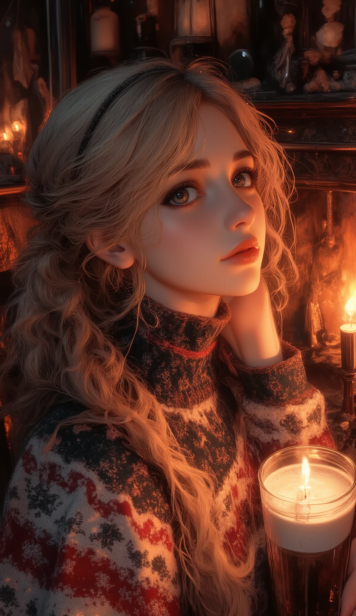 A pretty woman with pretty eyes :1.2, meticulous eyes , Full lips, highly meticulous eyes and faces, Long eyelashes, Lovely expression , Smile, Sitting:1.4, A beautiful woman with a hot latte , Home Background, Christmas sweater , fireplace, Warm light, Detailed lighting and shadows , anime style, 8K, HD, masterpiece:1.4, bright color ,