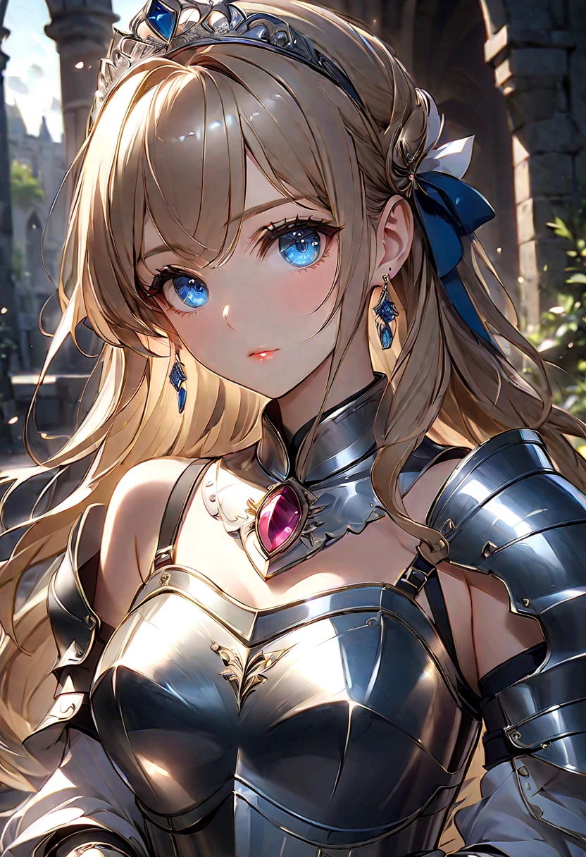 ((masterpiece)),  top quality ,  very detailed,( one girl), Knight Princess , Celia Aintree long hair,  blondes,  drill hair,  hair band ,  hair accessories, Blue Eyes, High gradation eyes,  hair tube,  dress, Dark Blue,  dress,  gloves, [Bare shoulders,  jewelry,  clevis on a stone,  princess, elbow  gloves, tiara ,brooch,white  gloves、 adult female 、thin、 very beautiful、 beautiful faces、(((Blue and silver armor、breastplate、 gauntlet、Shin guards、 shiny armor:1.2)))、 gold earrings、Golden Hair, Blue Eyes,  pink lips,  cowboy shot 