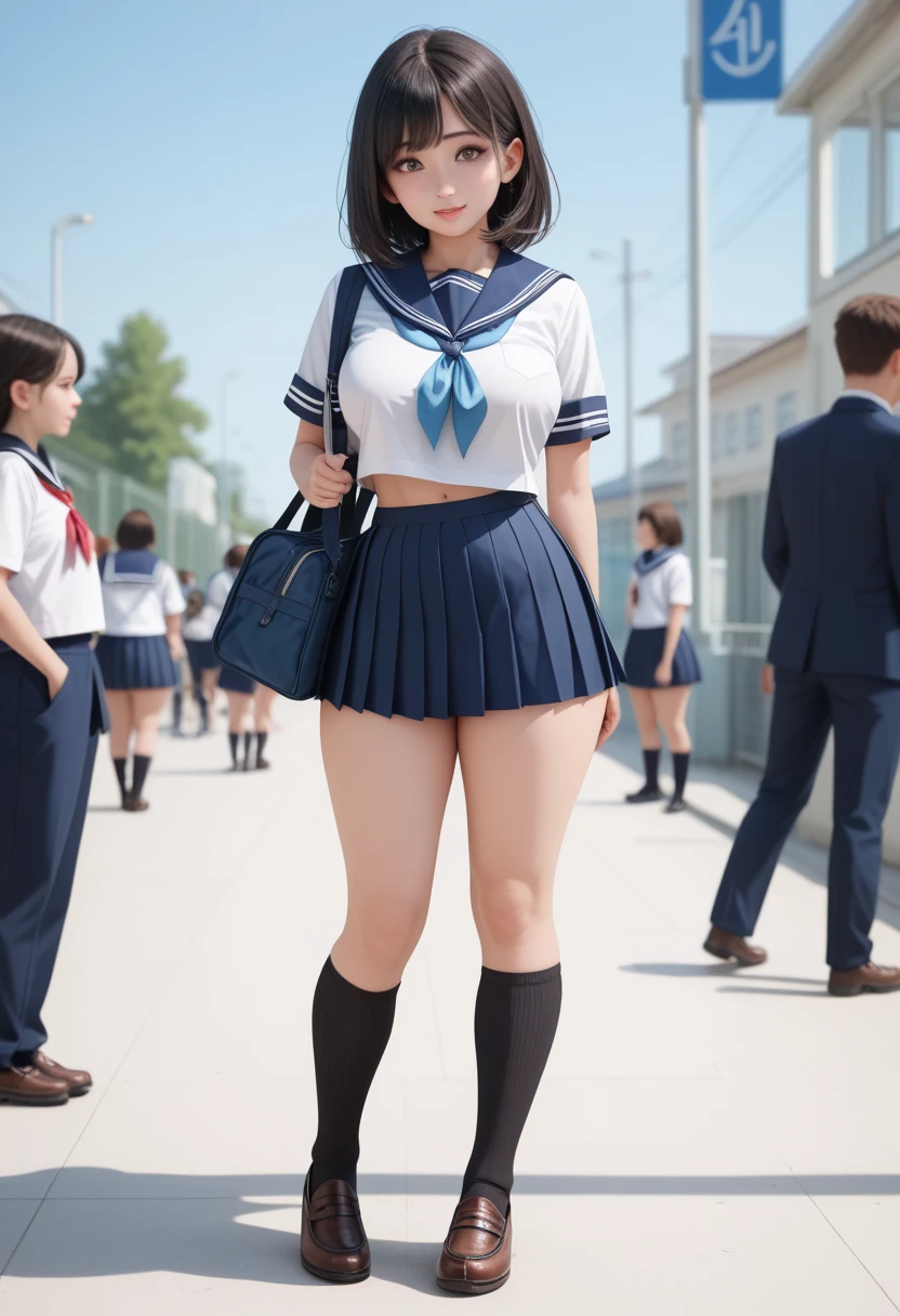 (ultra-detailed),(１People cute girls, Age 15), ( sailor suit,  Blue Ribbon, Black knee-high socks,  school uniform),  very big breasts,  big thighs ,  black hair,  medium hair, cute brown eyes, School,(8k, best quality, clear, best quality, ultra high res, super detail, accurate, high details,  highres icon)