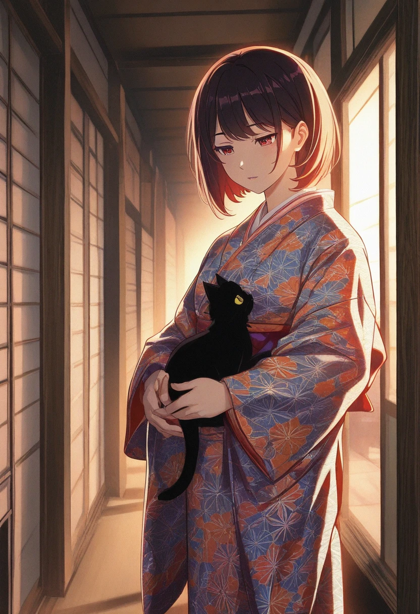 A woman in a traditional Japanese kimono, holding a black cat, standing in a room with Japanese architecture, a corridor facing a bright garden, beautiful detailed facial features, tranquil expression, 8K, detailed artwork, anime style, intricate kimono patterns, warm lighting, vibrant colors, cinematic composition, masterpiece