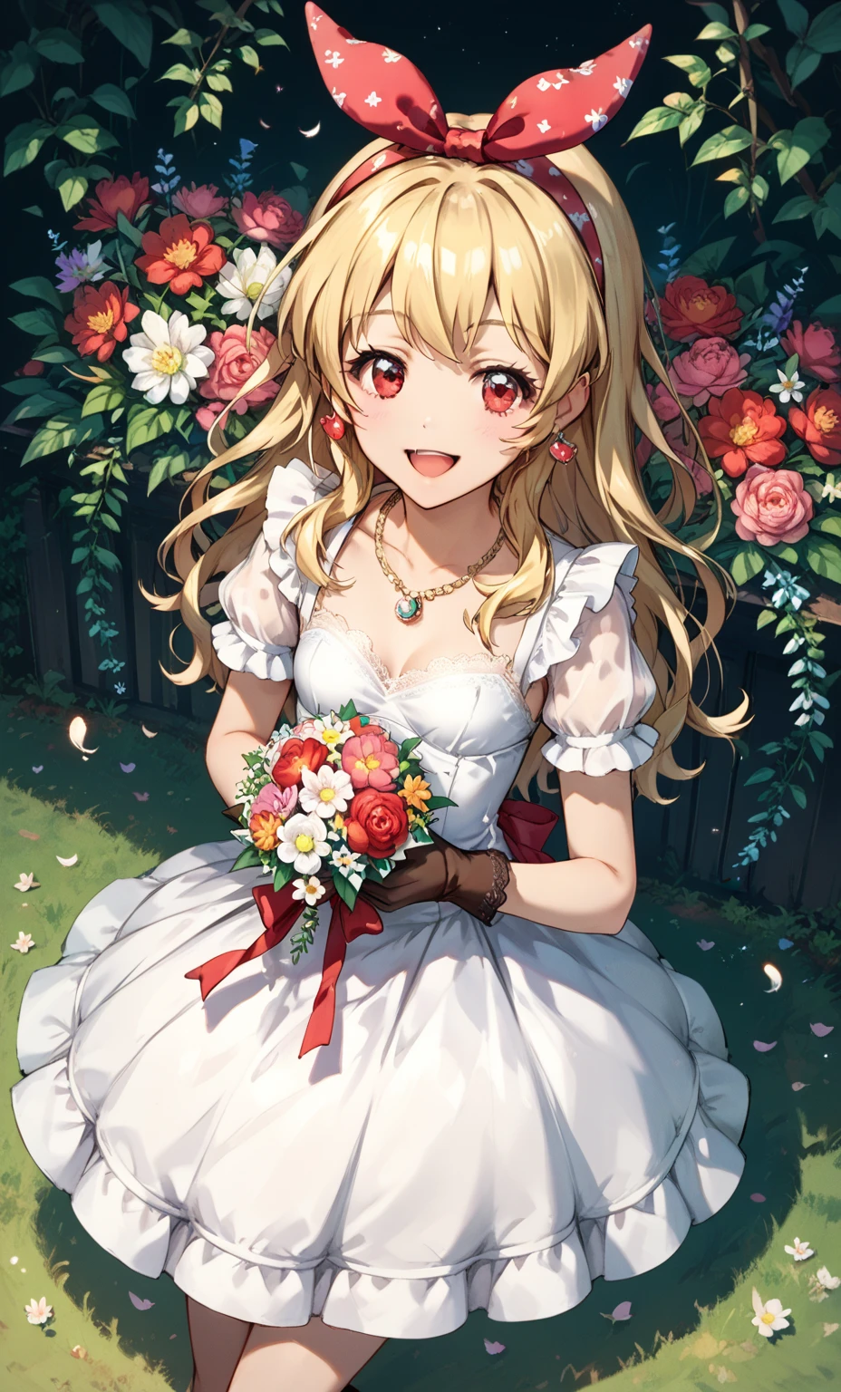 Illustration of a cute girl with wings holding a bouquet of flowers Anime image, 1 girl, Ichigo Hoshimiya, (red ribbon on hairband: 1.2), flower, solo, blonde, long hair, feathers, red eyes, jewelry, mouth open A smile, a gorgeous necklace, small breasts, earrings, gloves, long hair, white dress, gorgeous embroidery on the dress fabric, lace on the dress, silk dress, shiny dress, from above