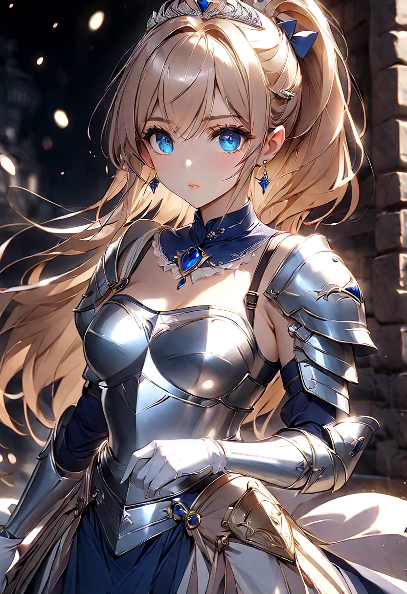 ((masterpiece)),  top quality ,  very detailed,( one girl), Celia Kumani Aintree long hair,  blondes,   hair accessories, Elf Ears, Blue Eyes,  ponytail,  hair tube,  dress, Dark Blue,  dress,  gloves, [Bare shoulders,   jewelry,  clevis on a stone,  princess, elbow  gloves, tiara ,brooch,white  gloves、 adult female 、thin、 very beautiful、 beautiful faces、(((Blue and silver armor、breastplate、 shiny armor:1.2)))、 gold earrings、Golden Hair, Blue Eyes,  pink lips,  cowboy shot 