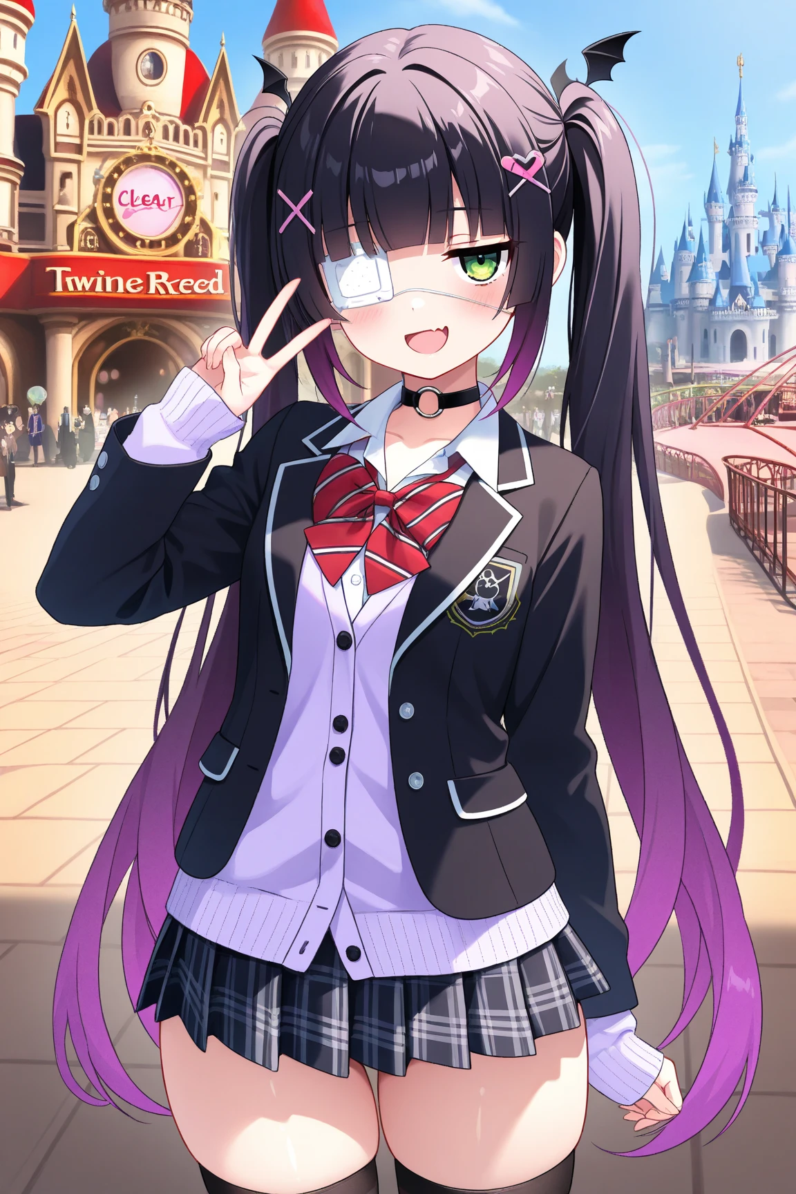 1 girl,clear skin,shiny hair,(Twin tails),Black Hair,purple hair,gradient hair,Very long hair,hime cut,skin fang,jitome,green eye,o-ring choker,x hair ornament,heart hair ornament,medical eyepatch,BREAK
red bow,diagonal-striped bow,blazer,open blazer,(cardigan:1.2),plaid skirt,black thighhighs,smile,blush,v,open mouth,
disneyland,amusement park,shinderera castle,high res image,masterpiece, best quality, highly detailed