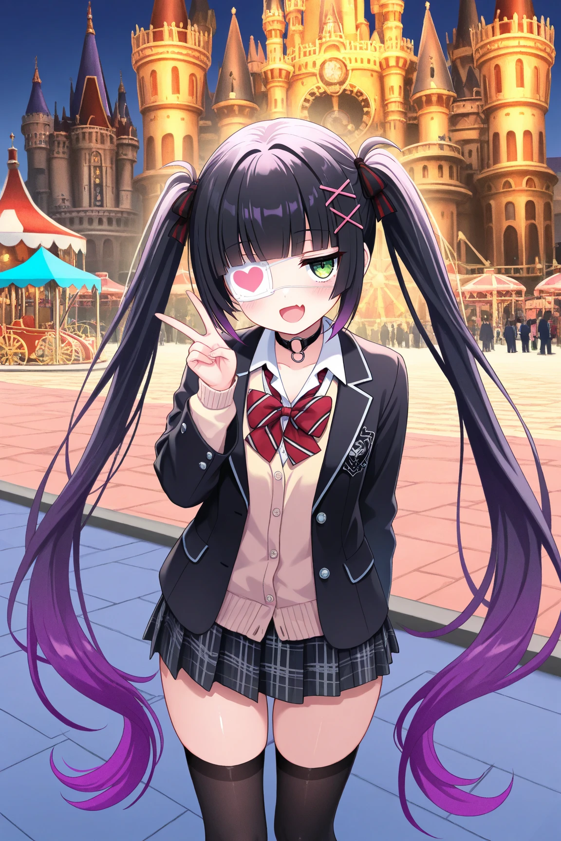 1 girl,clear skin,shiny hair,(Twin tails),Black Hair,purple hair,gradient hair,Very long hair,hime cut,skin fang,jitome,green eye,o-ring choker,x hair ornament,heart hair ornament,medical eyepatch,BREAK
red bow,diagonal-striped bow,blazer,open blazer,(cardigan:1.2),plaid skirt,black thighhighs,smile,blush,v,open mouth,
disneyland,amusement park,shinderera castle,high res image,masterpiece, best quality, highly detailed