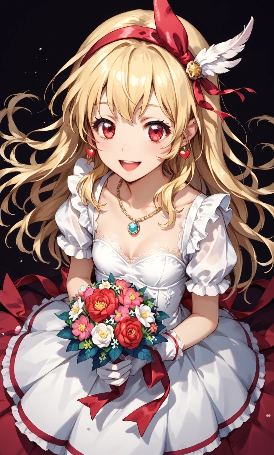 Illustration of a cute girl with wings holding a bouquet of flowers Anime image, 1 girl, Ichigo Hoshimiya, (red ribbon on hairband: 1.2), flower, solo, blonde, long hair, feathers, red eyes, jewelry, mouth open A smile, a gorgeous necklace, small breasts, earrings, gloves, long hair, a white dress, gorgeous embroidery on the dress fabric, lace on the dress, a silk dress, a shiny dress, from above, from directly above,