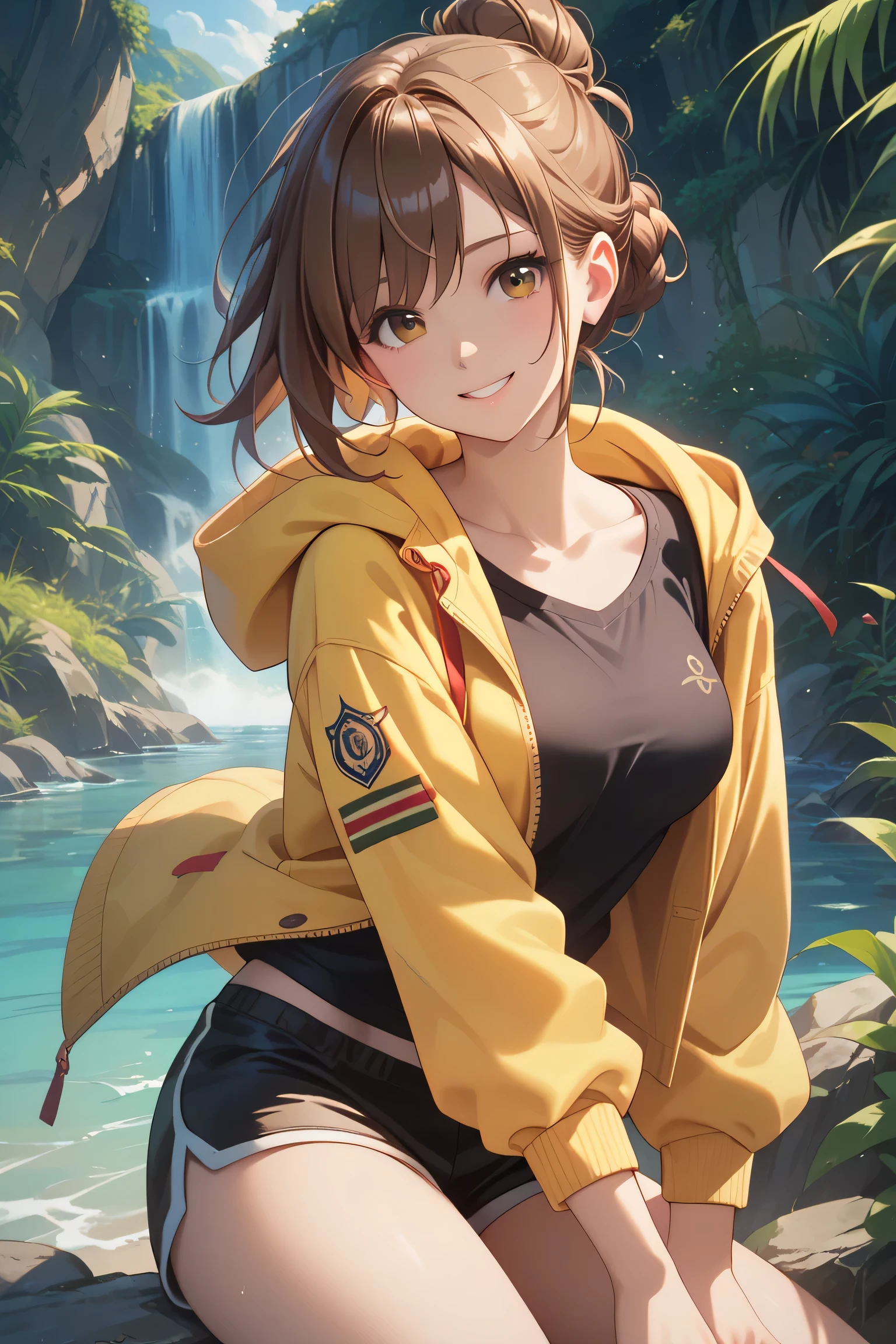 masterpiece, best quality, medium breasts, (curvy), ,,, BREAK, zzGloria, brown hair, brown eyes, gloriaDojo, yellow jacket, black shirt, black shorts, knee pads, short hair, single hair bun, collarbone, BREAK, smile, looking at viewer, cowboy shot, ,