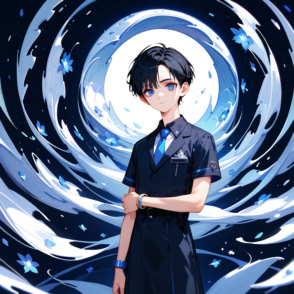 score_9,score_8_up,score_7_up,masterpiece,(1boy),19-years-old ,university student,BREAK Nagi-kun ,black hair,very short,(Forehead:0.8),dark blue eyes,(baby face:0.8),( melancholy expression:0.8),Petite,Slim BREAK short sleeve navy dress shirt, blue tie ,Silver Polaris Embroidered ,moonstone bangle,(((Alone)))