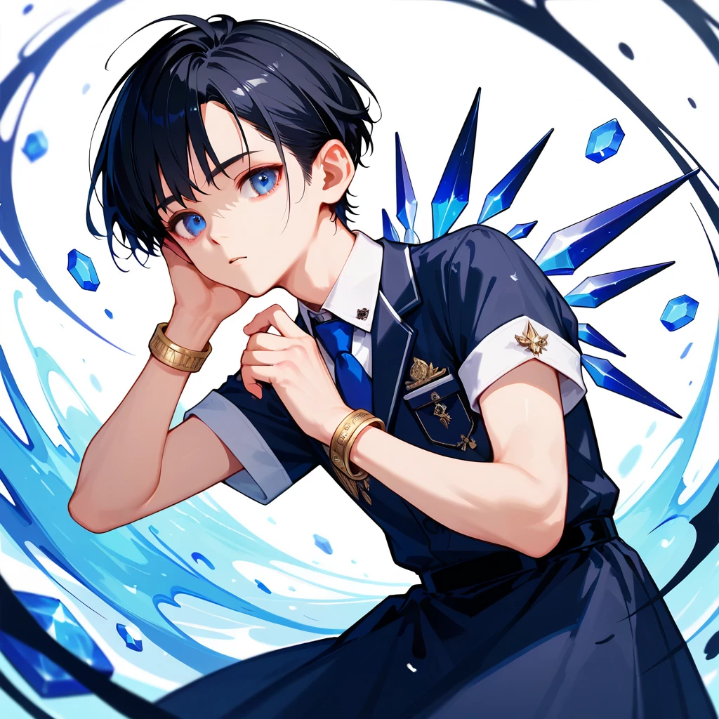 score_9,score_8_up,score_7_up,masterpiece,(1boy),19-years-old ,university student,BREAK Nagi-kun ,black hair,very short,(Forehead:0.8),dark blue eyes,(baby face:0.8),( melancholy expression:0.8),Petite,Slim BREAK short sleeve navy dress shirt, blue tie ,Silver Polaris Embroidered ,moonstone bangle,(((Alone)))