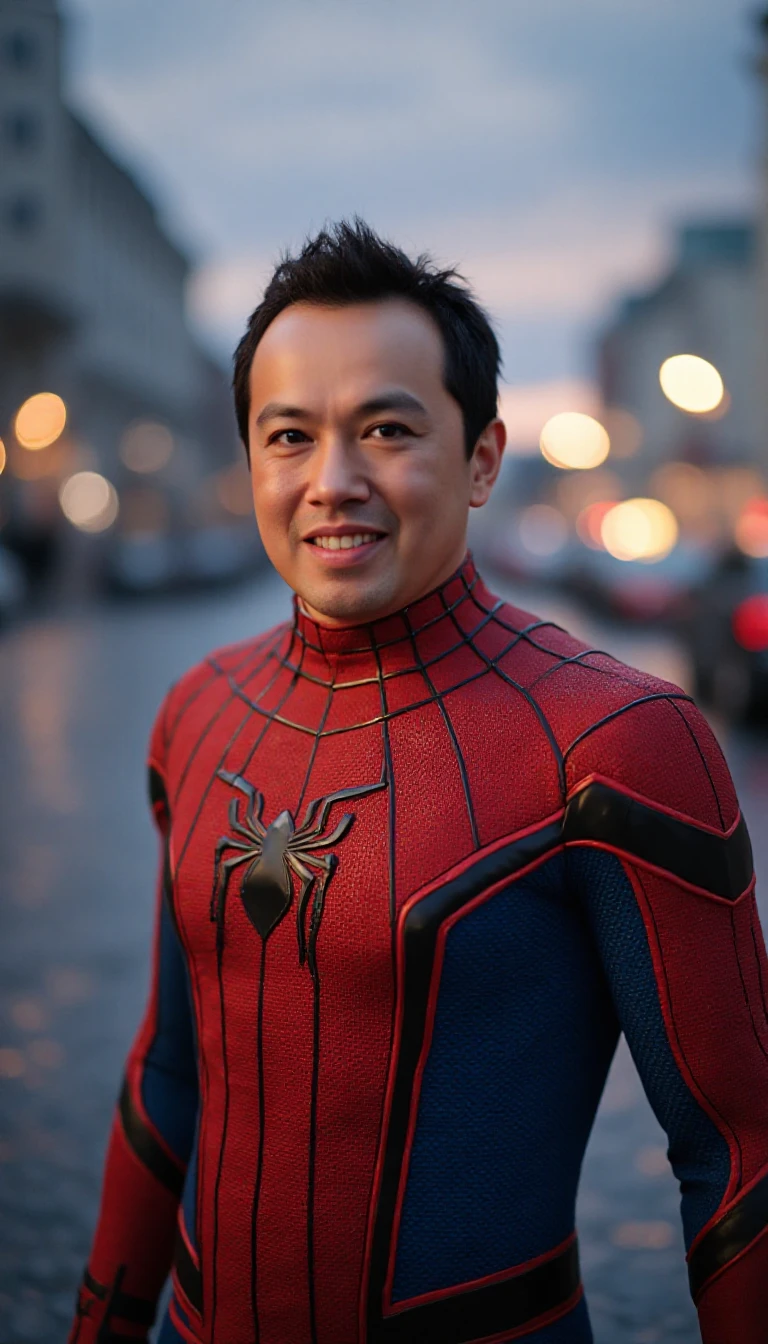 4k, Best quality, masterpiece, ultra high res, beautiful lighting, (realistic, photo-realistic:1.4), realistic background, jokowi, 1man, 50 years old, spiderman, open_mask,