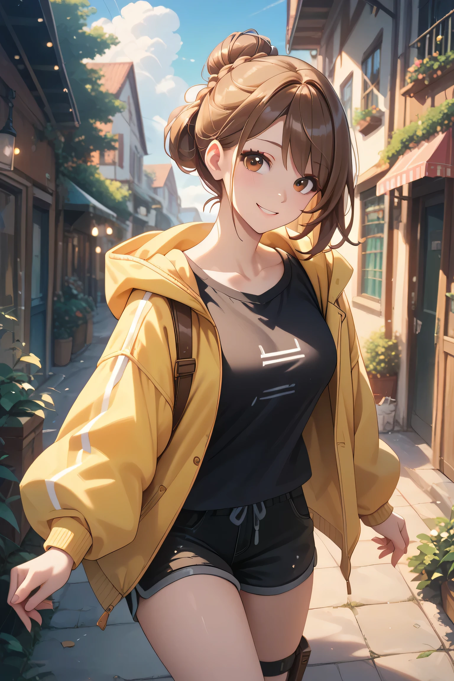 masterpiece, best quality, medium breasts, (curvy), ,,, BREAK, zzGloria, brown hair, brown eyes, gloriaDojo, yellow jacket, black shirt, black shorts, knee pads, short hair, single hair bun, collarbone, BREAK, smile, looking at viewer, cowboy shot, ,