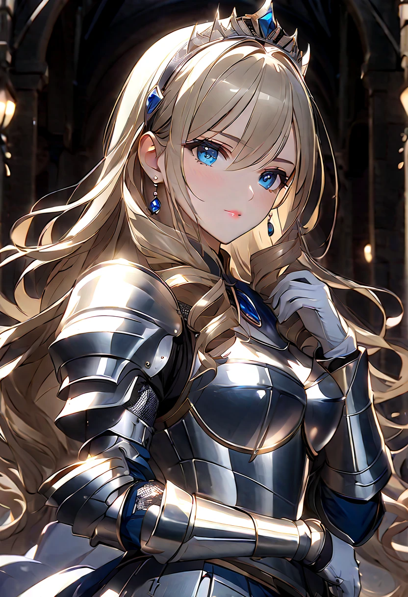 ((masterpiece)),  top quality ,  very detailed,( one girl), Knight Princess , Celia Aintree long hair,  blondes,  drill hair,  hair band ,  hair accessories, Blue Eyes, High gradation eyes,  hair tube,  dress, Dark Blue,  dress,  gloves, [Bare shoulders,  jewelry,  clevis on a stone,  princess, elbow  gloves, tiara ,brooch,white  gloves、 adult female 、thin、 very beautiful、 beautiful faces、(((Blue and silver armor、breastplate、 gauntlet、Shin guards、 shiny armor:1.2)))、 gold earrings、Golden Hair, Blue Eyes,  pink lips,  cowboy shot 