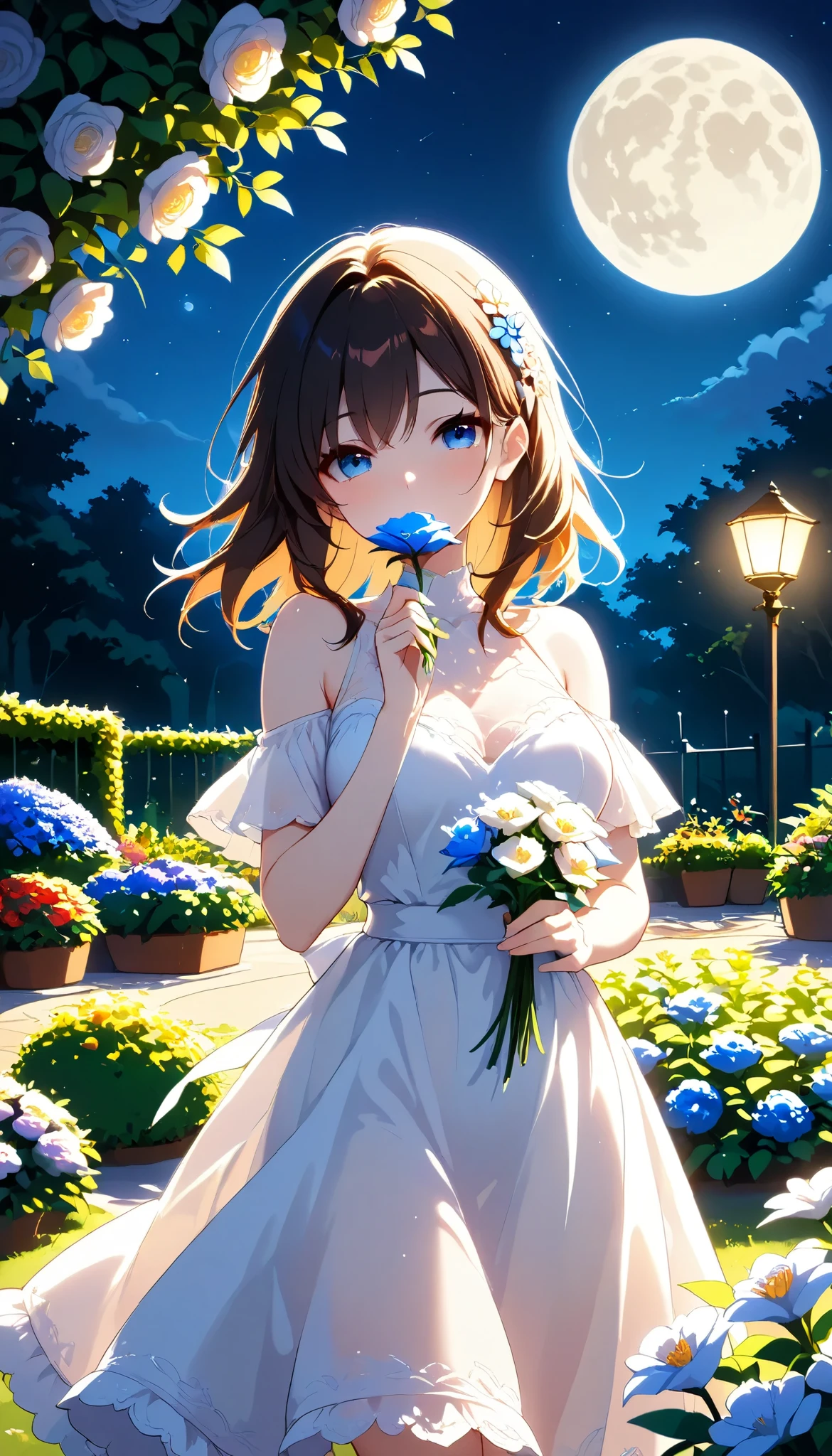  top quality , expensive_resolution,   clear _ images,    detailed background ,  girl  , flower,garden,moon,