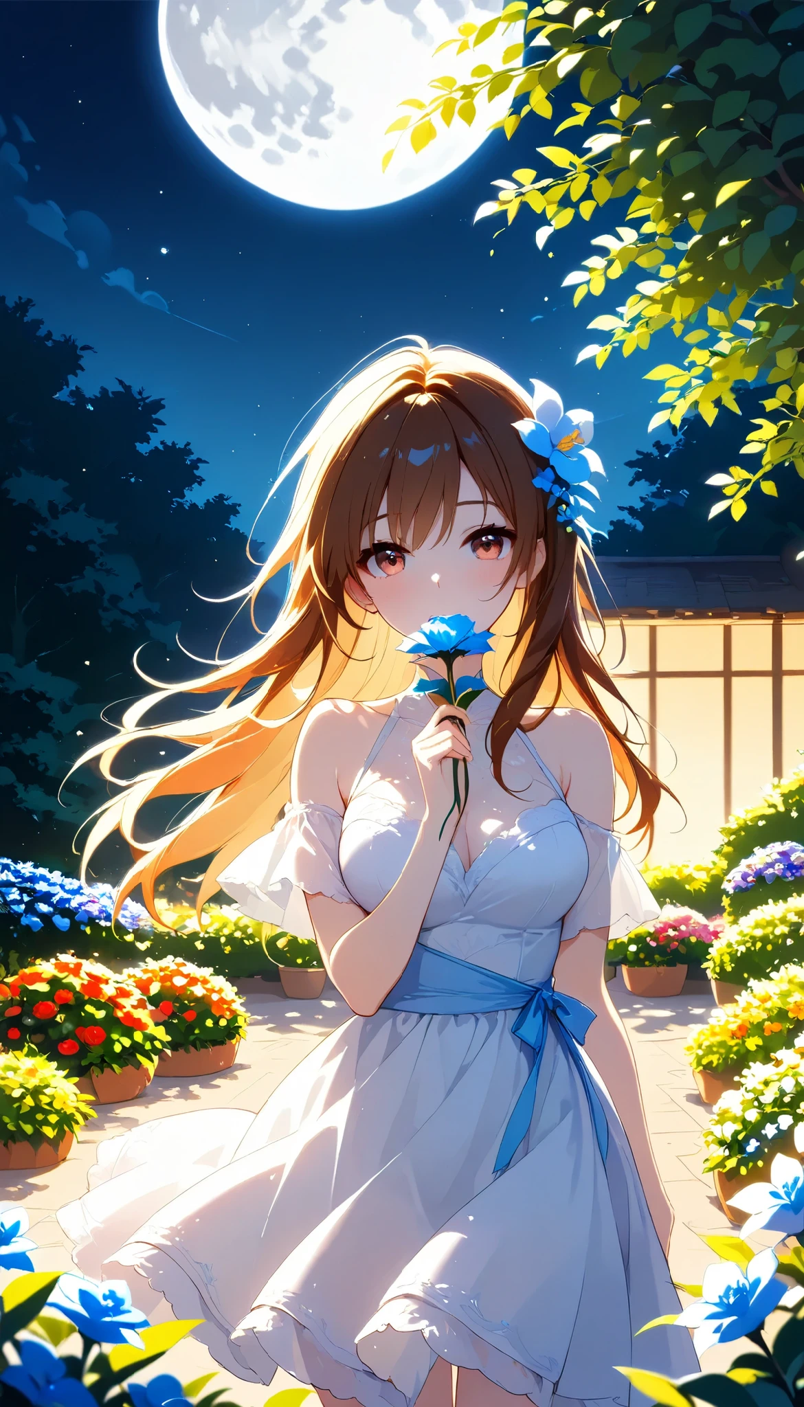  top quality , expensive_resolution,   clear _ images,    detailed background ,  girl  , flower,garden,moon,