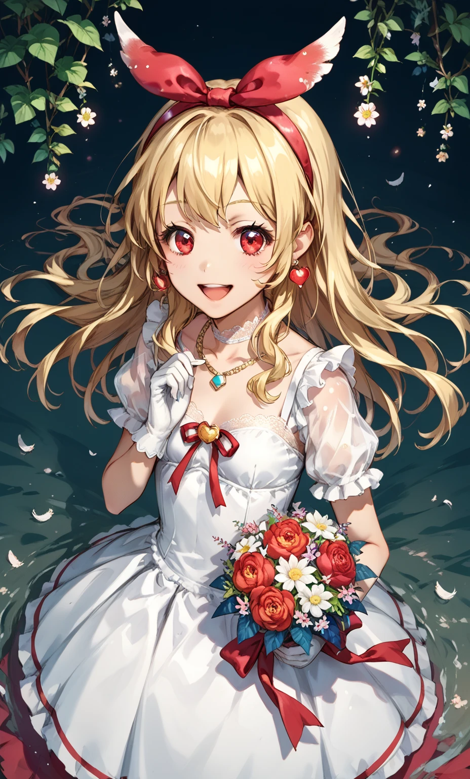 Illustration of a cute girl with wings holding a bouquet of flowers Anime image, 1 girl, Ichigo Hoshimiya, (red ribbon on hairband: 1.2), flower, solo, blonde, long hair, feathers, red eyes, jewelry, mouth open A smile, a gorgeous necklace, small breasts, earrings, gloves, long hair, a white dress, gorgeous embroidery on the dress fabric, lace on the dress, a silk dress, a shiny dress, from above, from directly above,