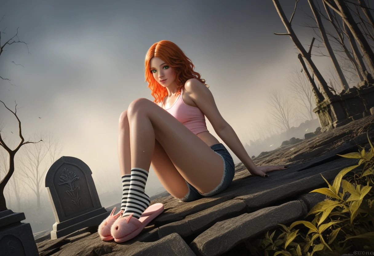 Dark souls character. Dynamic pose. Top view angle, close up. Dutch angle. Petite girl. Cute. Pale skin, 18 years old, wavy hair, fiery orange hair, messy hair, shoulder-length hair, soft skin. Fragile body, petite proportions, youthful body. 155cm height. Blush. Cute cheeks. Green eyes. Dark-orange eyebrows. Black nails on hands. Light skin. Detailed lips. Detailed face. Tank top. Pink top. Clear top. Clear pink top. Small navel. Denim shorts, slightly torn shorts. Detailed sporty legs. Fair-skinned girl. Dynamic legs angle. Light-skinn girl. Dynamic body position. Skinny thighs. Sweat legs. Legs crossed. Striped socks. Black and white striped socks. Thin long socks. Pink fur slippers, pink slippers. Teasing legs. Leggings over socks. Close up. Detailed pink slippers. Light skin girl. Detailed face. Sweat legs. Petite body. Detailed legs. Dangling soles. Ella Freya's face. Perfect anatomy. Legs detailed. Detailed cute face. Sweat legs. Pale-skin girl. Dynamic composition. Sitting on an old tombstone in the ruins background. Dark souls atmosphere. Mossy graveyard. Mossy tombstone. Ruins background. Detailed background. Ruins in the forest. Moonshine. Plants and vines. Foggy night forest, misty night. Foggy ruins. Detailed background. Dark night forest background. Shocking existence, photorealistic details, dramatic shadows. Cold lightning. Dramatic chiaroscuro lighting. Сhiaroscuro shadows. Untanned girl. Pale-skin girl. Moody, intricate details, masterpiece, ultra detailed, high quality, 8k, best quality, realistic, cinematic, dark and brooding, expressionistic, powerful composition, emotional impact. Realistic shadows. Trending. Masterpiece. Dark souls vibe. Ultra realistic dark souls photo, realistic graphics, inspired by dark souls. Pale-skin girl. Detailed hands, detailed fingers, detailed legs, detailed eyes, detailed face.
