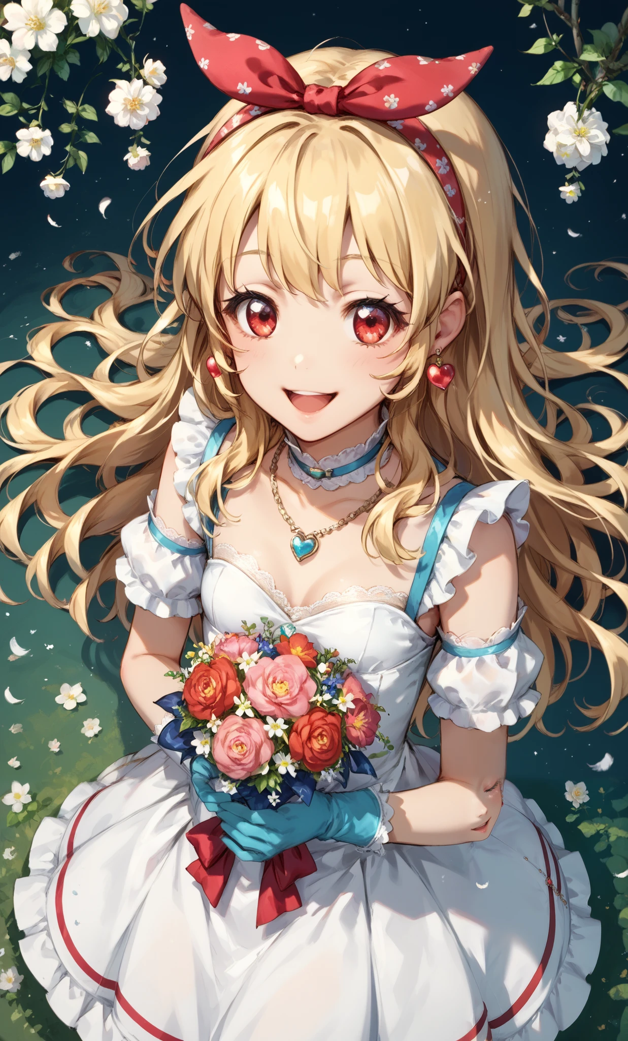 Illustration of a cute girl with wings holding a bouquet of flowers Anime image, 1 girl, Ichigo Hoshimiya, (red ribbon on hairband: 1.2), flower, solo, blonde, long hair, feathers, red eyes, jewelry, mouth open A smile, a gorgeous necklace, small breasts, earrings, gloves, long hair, a white dress, gorgeous embroidery on the dress fabric, lace on the dress, a silk dress, a shiny dress, from above, from directly above,