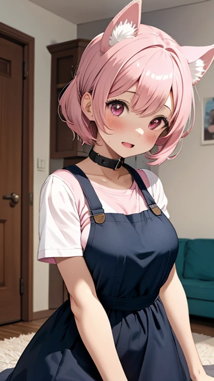 Primary school students、Pink Hair、Medium Bob、Green Eyes、Frameless Glasses、Naked with denim overalls、NSFW