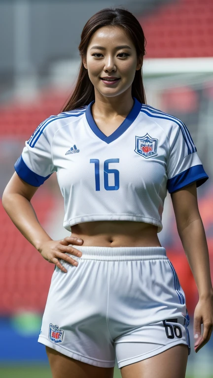 ((masterpiece, photorealistic, highest quality, ultra detailed, ultra high res, 16K)), kim heeseon, actress, korean, (((super gigantic saggy breasts))), cleavage, plump, curvy, navel, midriff, (cameltoe), korea national soccer team uniform, ((short sleeve soccer uniform)), ((soccer uniform short shorts)), pendant, do soccer, sweaty, sexy, grin, ((background of soccer stadium in korea)), (highly detailed realistic body, highly detailed beautiful face, realistic body, realistic face, stunning visuals, perfect anatomy, intricate detail)