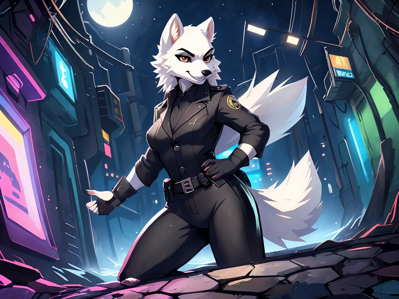 (white fur:2), wolf, female, Spy outfit, Agent attire, toothy smile, Infiltration operation, in Sewer, masterpiece, (16K), HD, Various facial details, detailed background, very detailed, dynamic poses, Eyes details, high resolution, high quality, correct anatomy, cartoon, at night, solo, 1girl