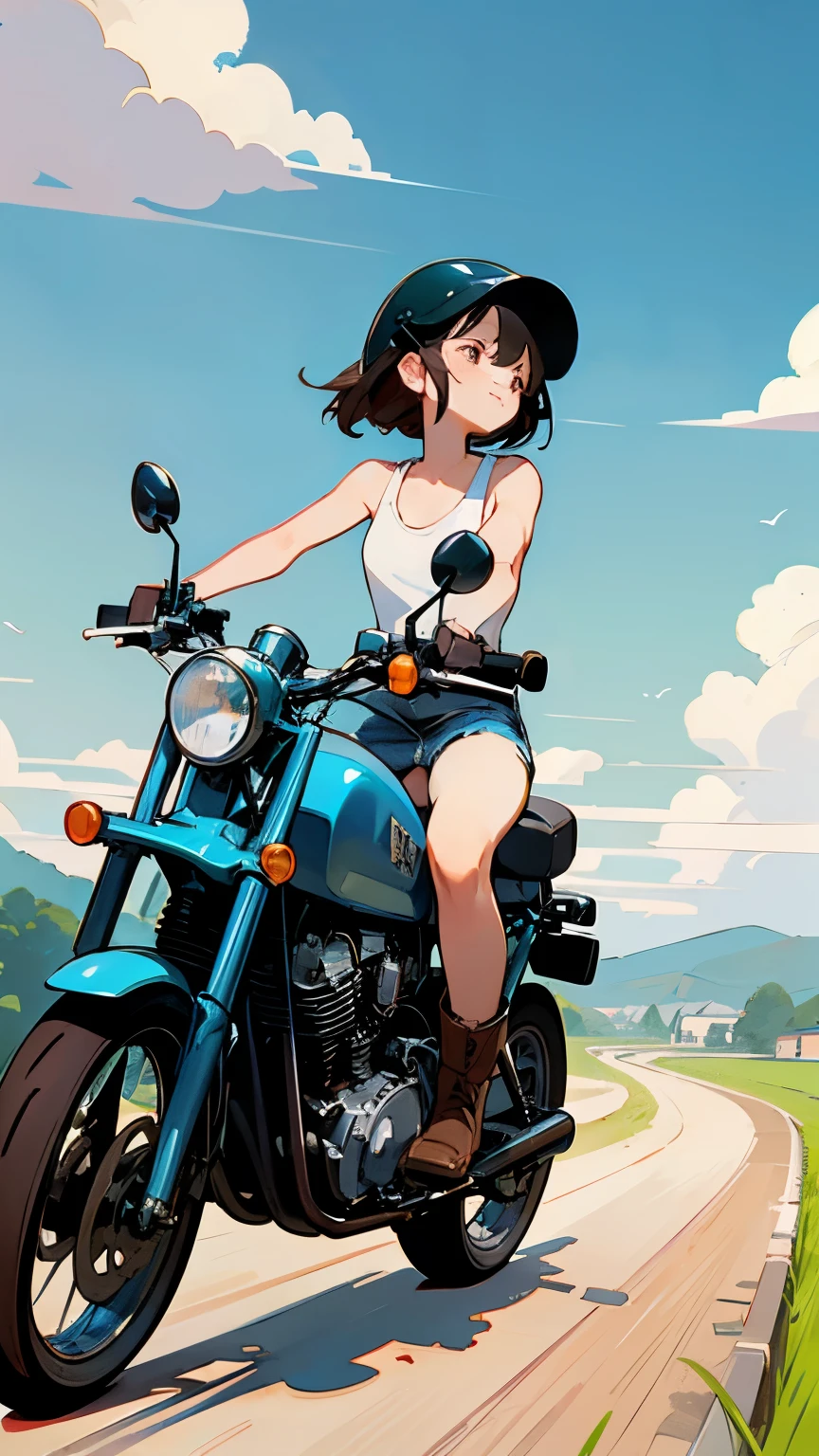 Highest quality、(One Girl Vintage_Riding on motorcycle)、Dark brown shortcuts、He is wearing a jet helmet、The helmet has a black and white line running from front to back in the center.。.、White tank top、Pink rider's jacket、Denim shorts、White knee-high socks、Brown Work Boots、Japanese countryside scenery、Streamside path、Small Creek、Dirt roads、Weeds growing on the side of the road、blue sky、Floating white clouds、Early summer sky、Sky blue color bike、Birds are flying、smile